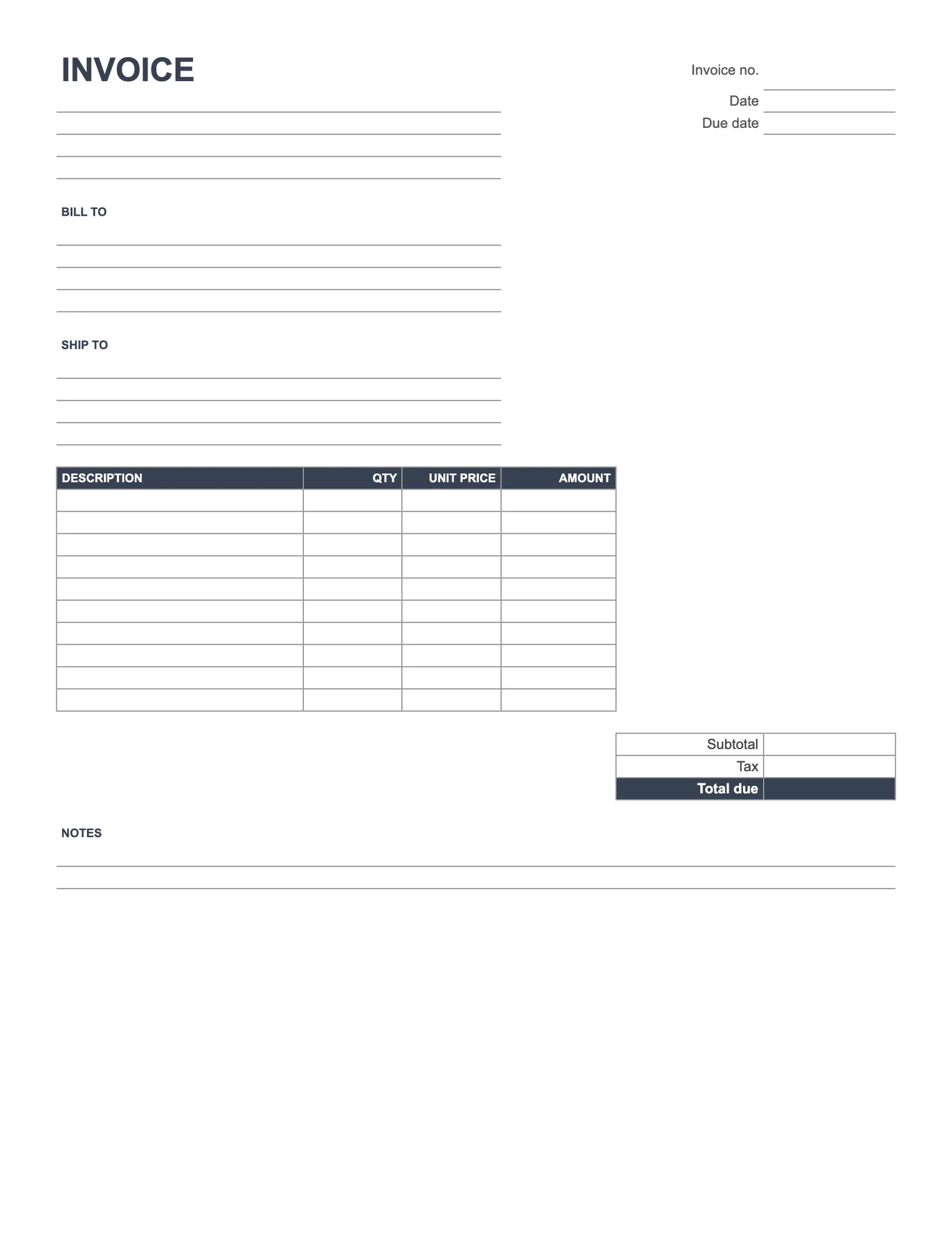 Full-page preview of the Blank Excel Invoice Template