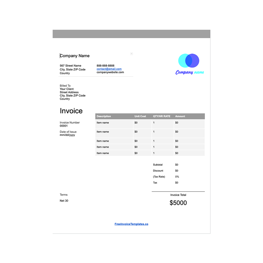Plantilla de factura en Google Docs vista previa