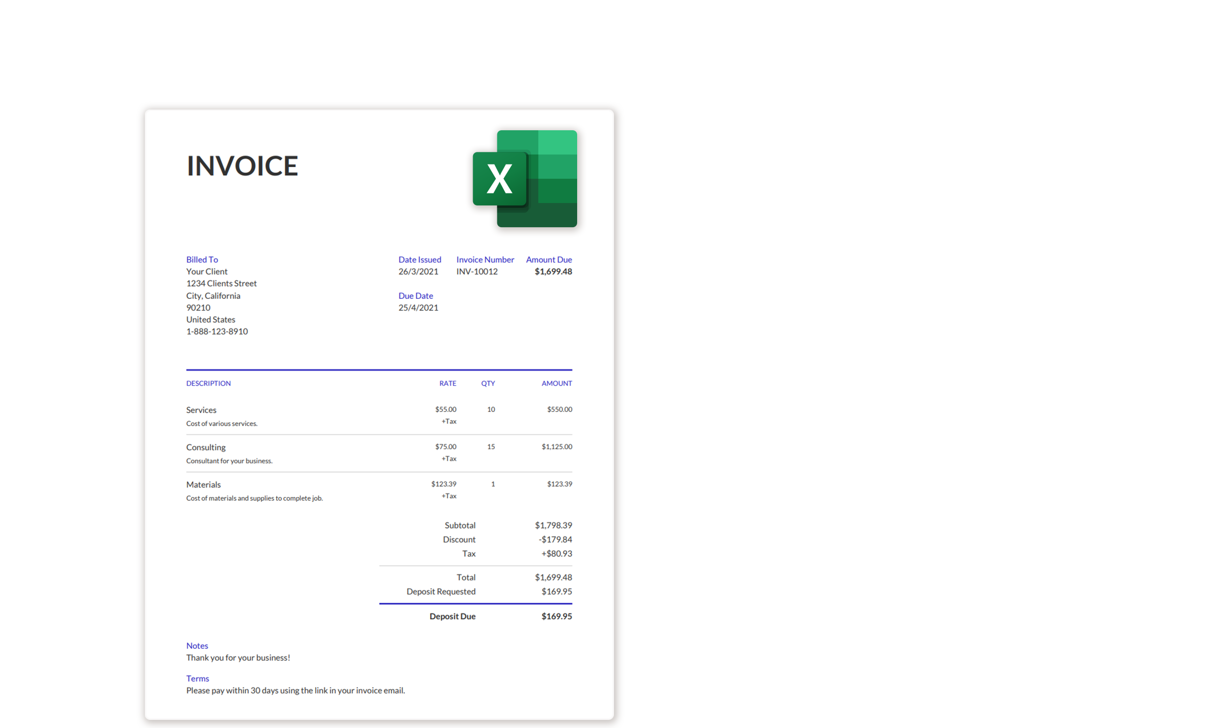 Vista previa de la plantilla de factura gratuita para Microsoft Excel con totales calculados