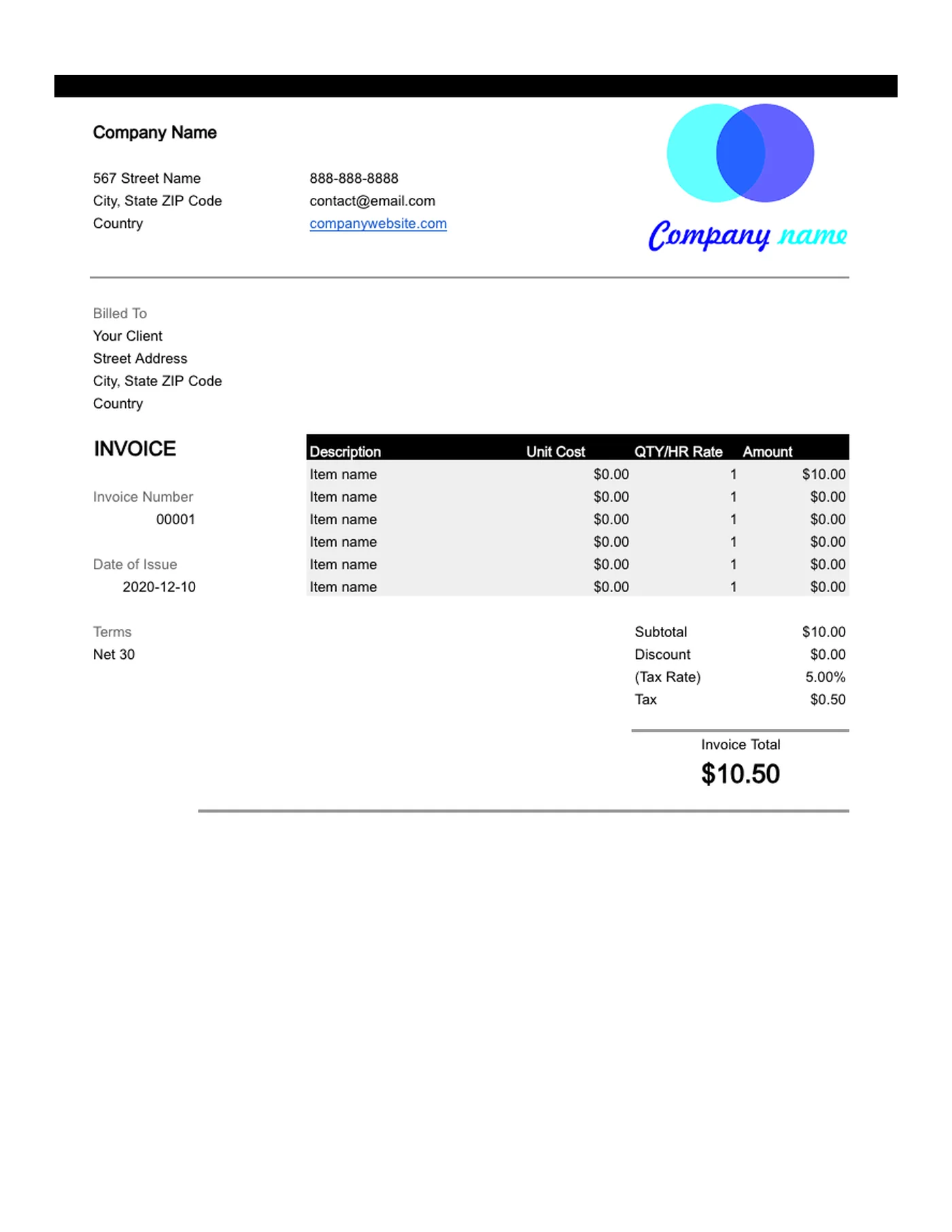 Full-page preview of the Excel Invoice Template