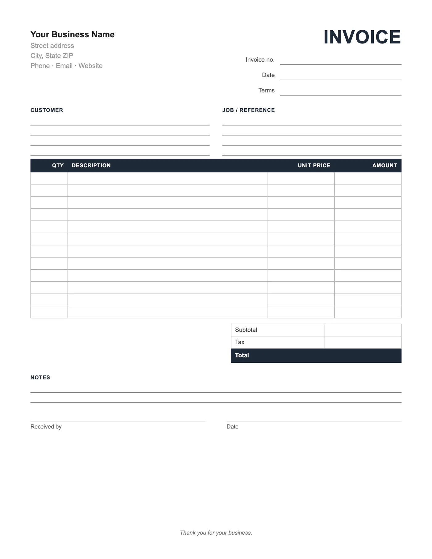 Full-page preview of the Invoice Form for Word