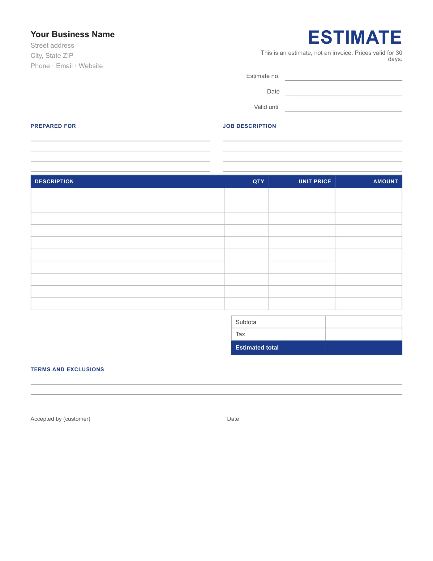 Full-page preview of the Estimate Form