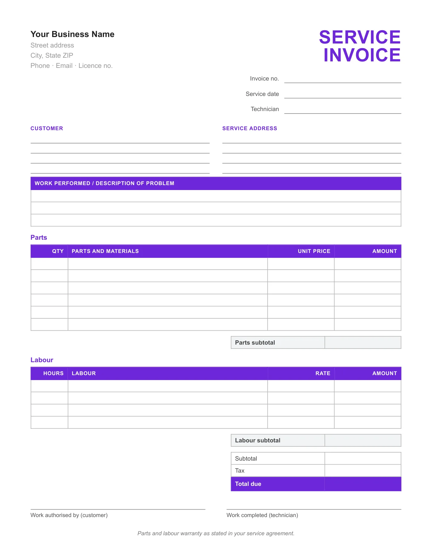 Full-page preview of the Service Invoice Form