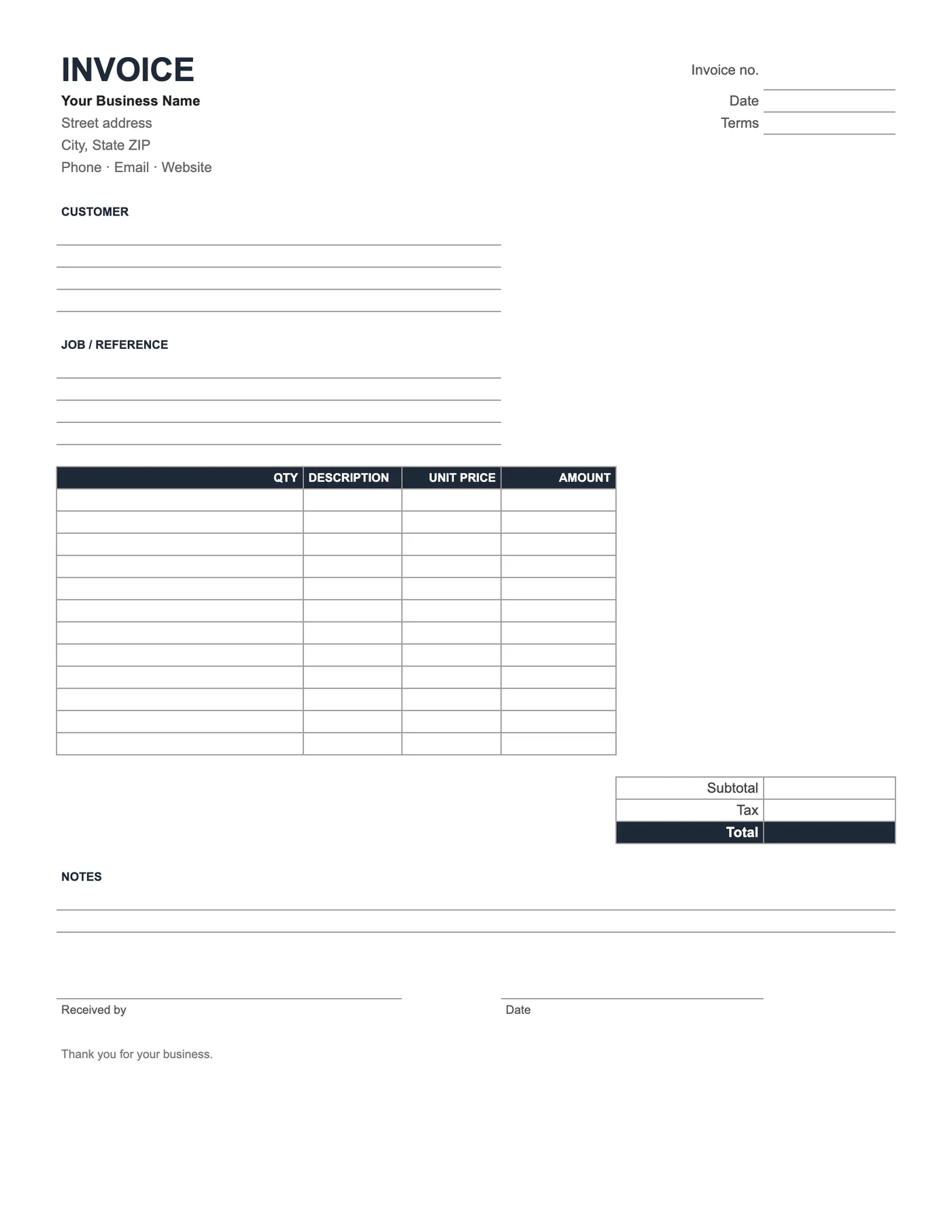 Full-page preview of the Invoice Form for Excel