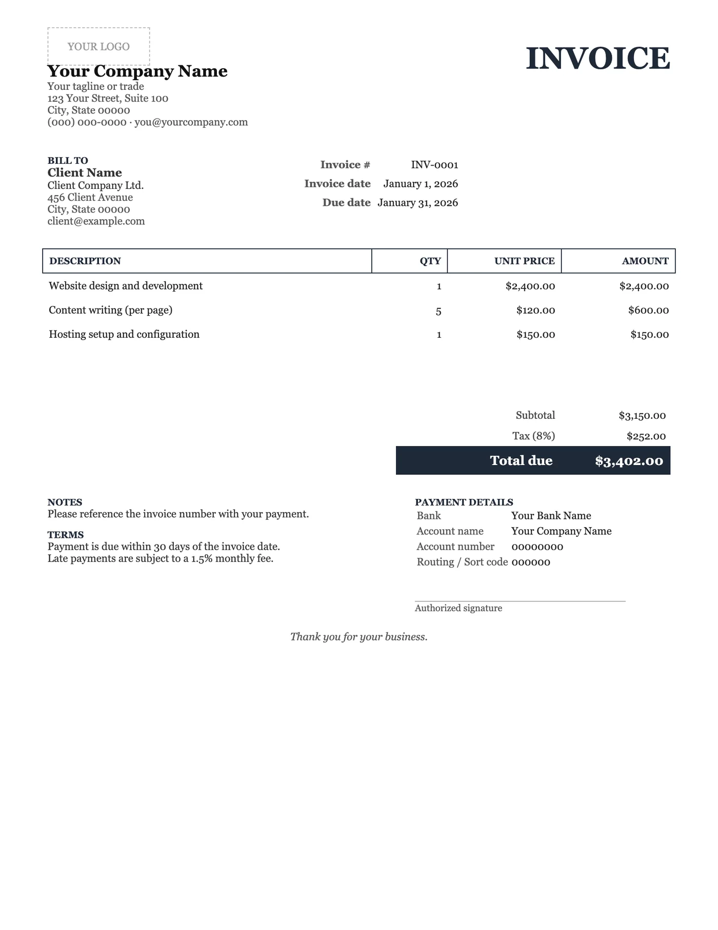 Full-page preview of the Classic Invoice Template