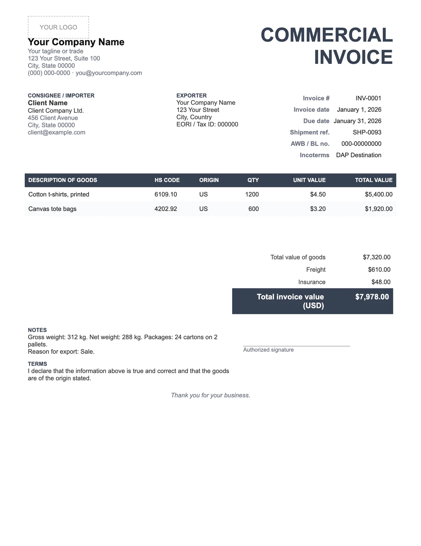 Full-page preview of the Commercial Invoice Template