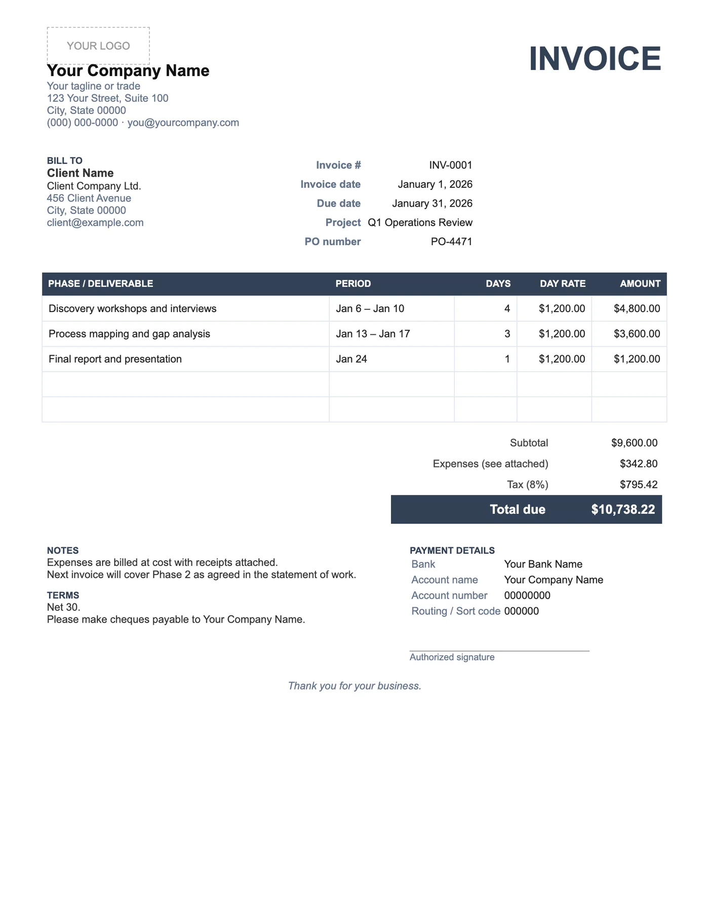 Full-page preview of the Consulting Invoice Template