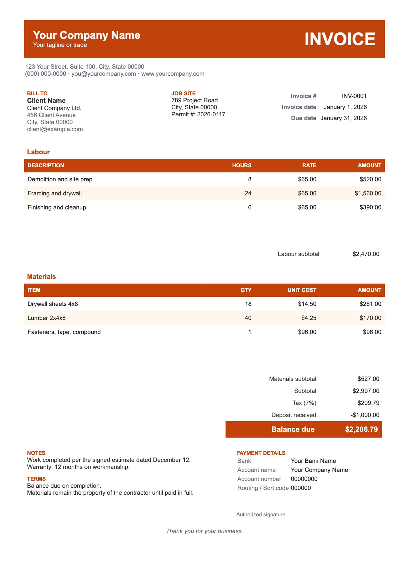 Full-page preview of the Contractor Invoice Template