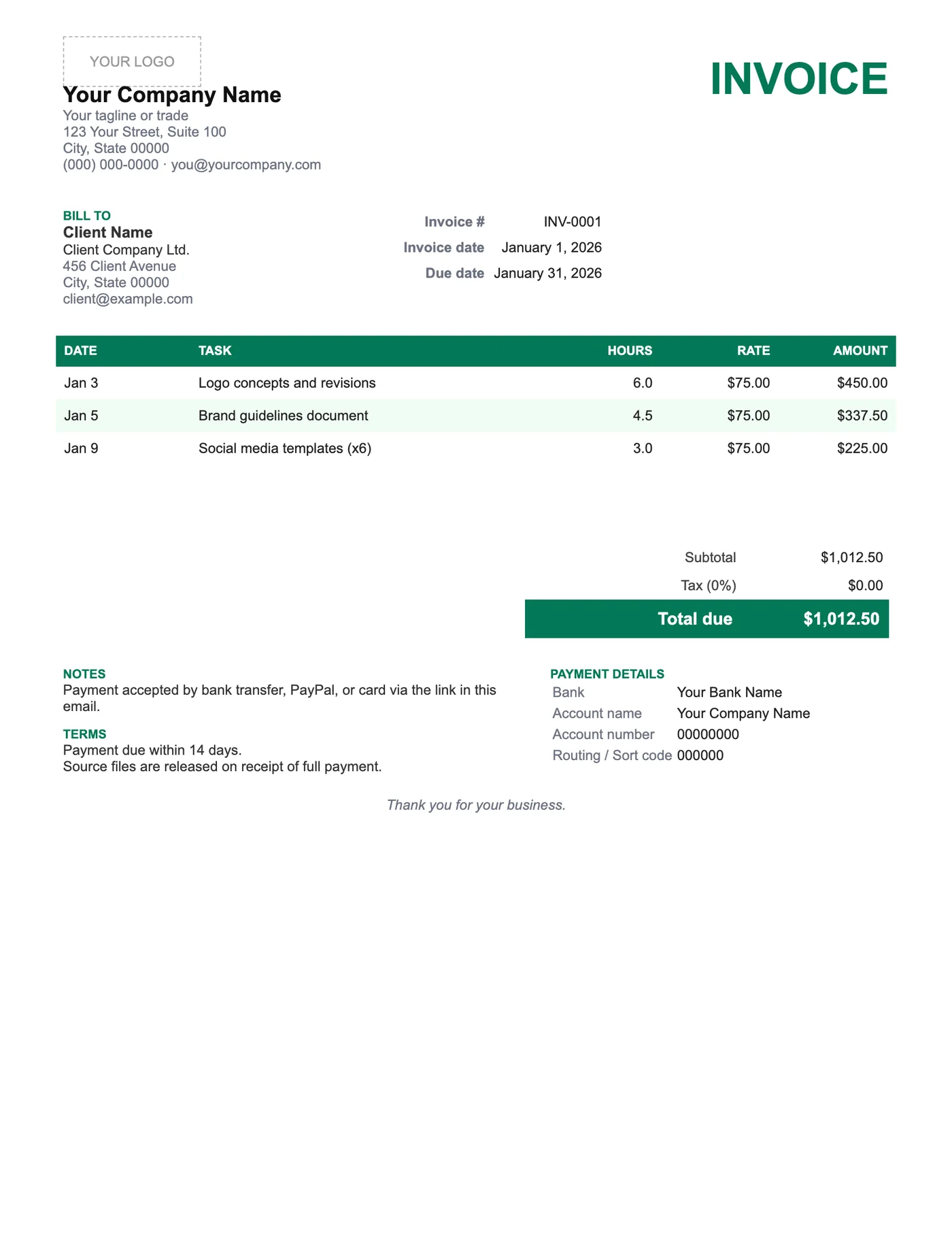 Full-page preview of the Freelancer Invoice Template