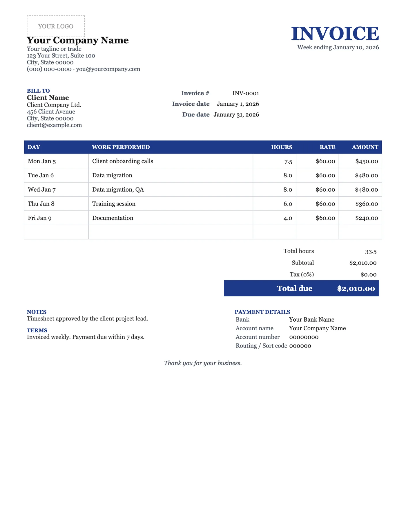 Full-page preview of the Hourly Invoice Template