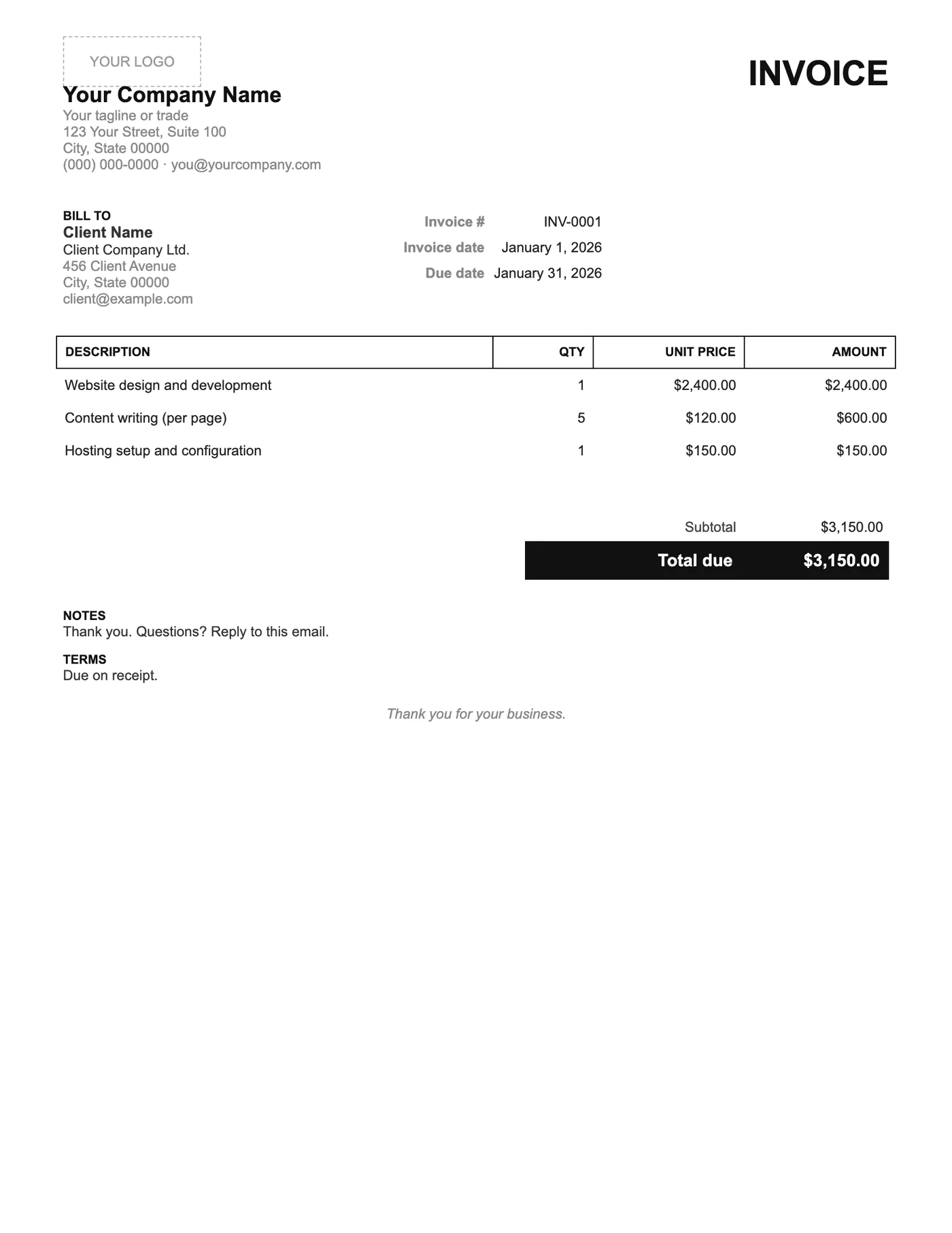 Full-page preview of the Minimal Invoice Template