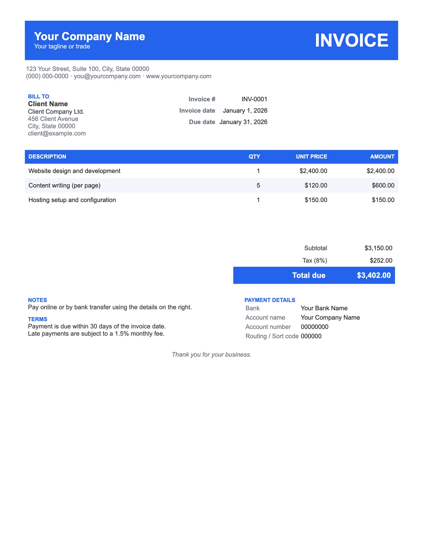 Full-page preview of the Modern Invoice Template