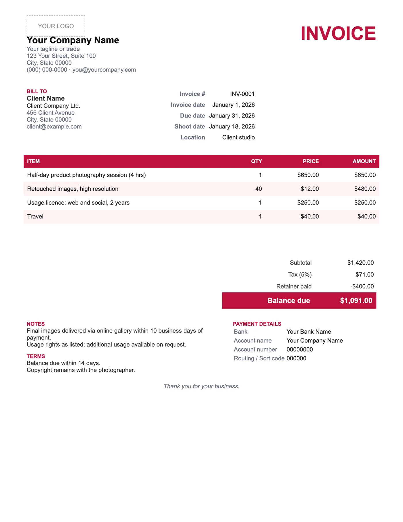 Full-page preview of the Photography Invoice Template