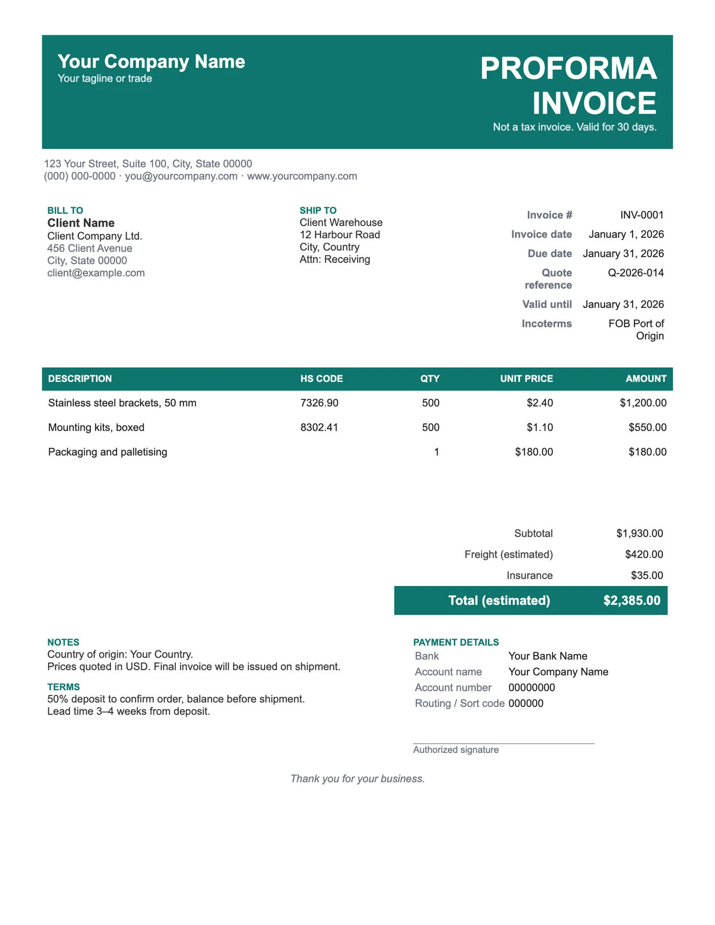 Full-page preview of the Proforma Invoice Template