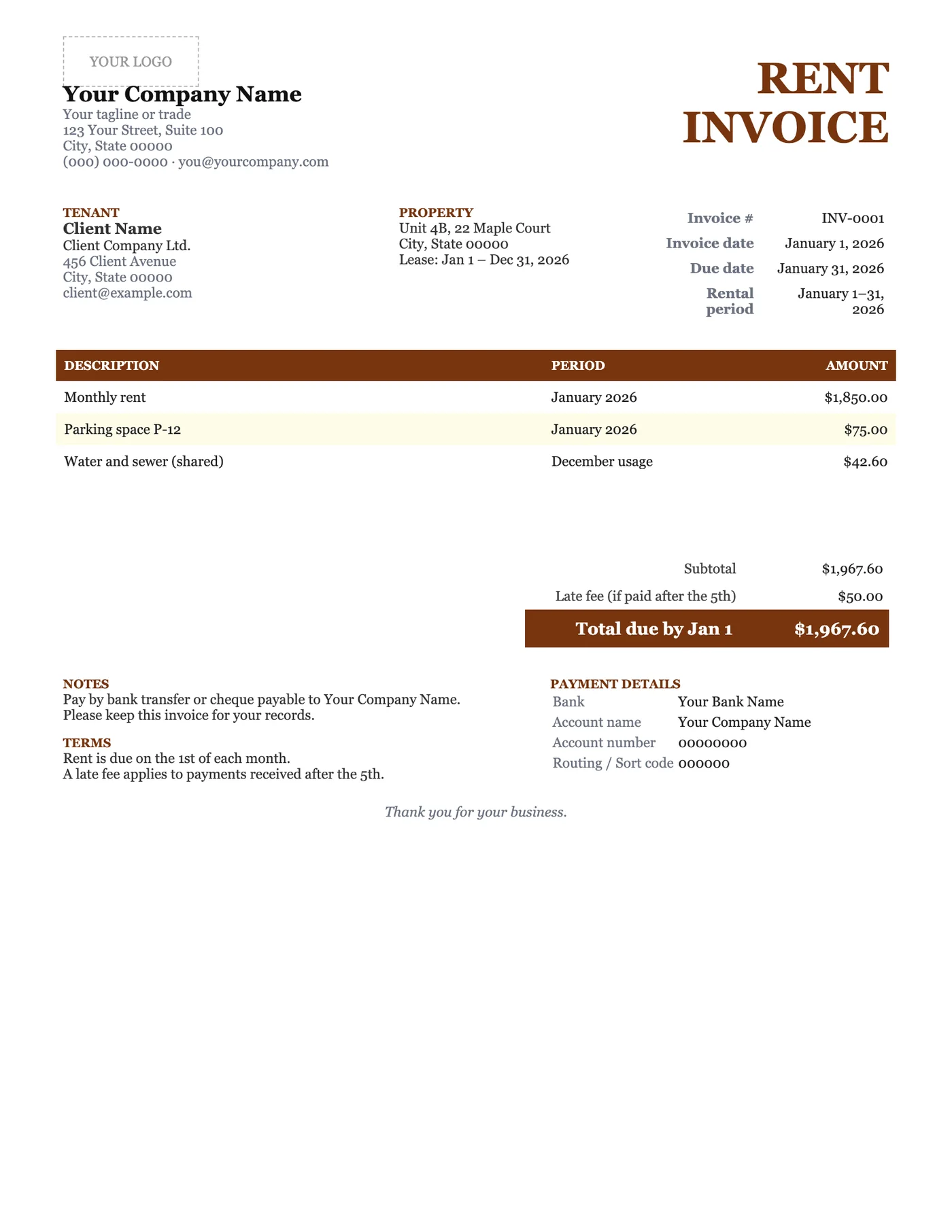Full-page preview of the Rent Invoice Template