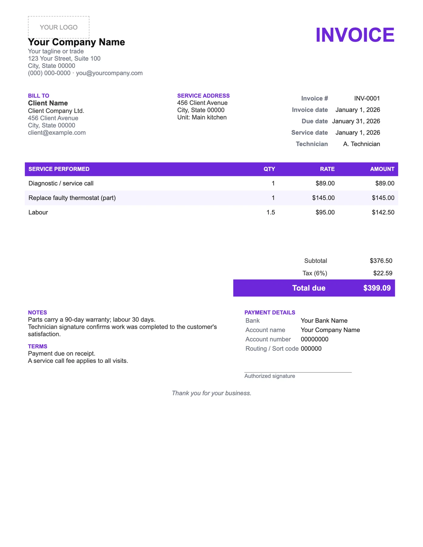 Full-page preview of the Service Invoice Template