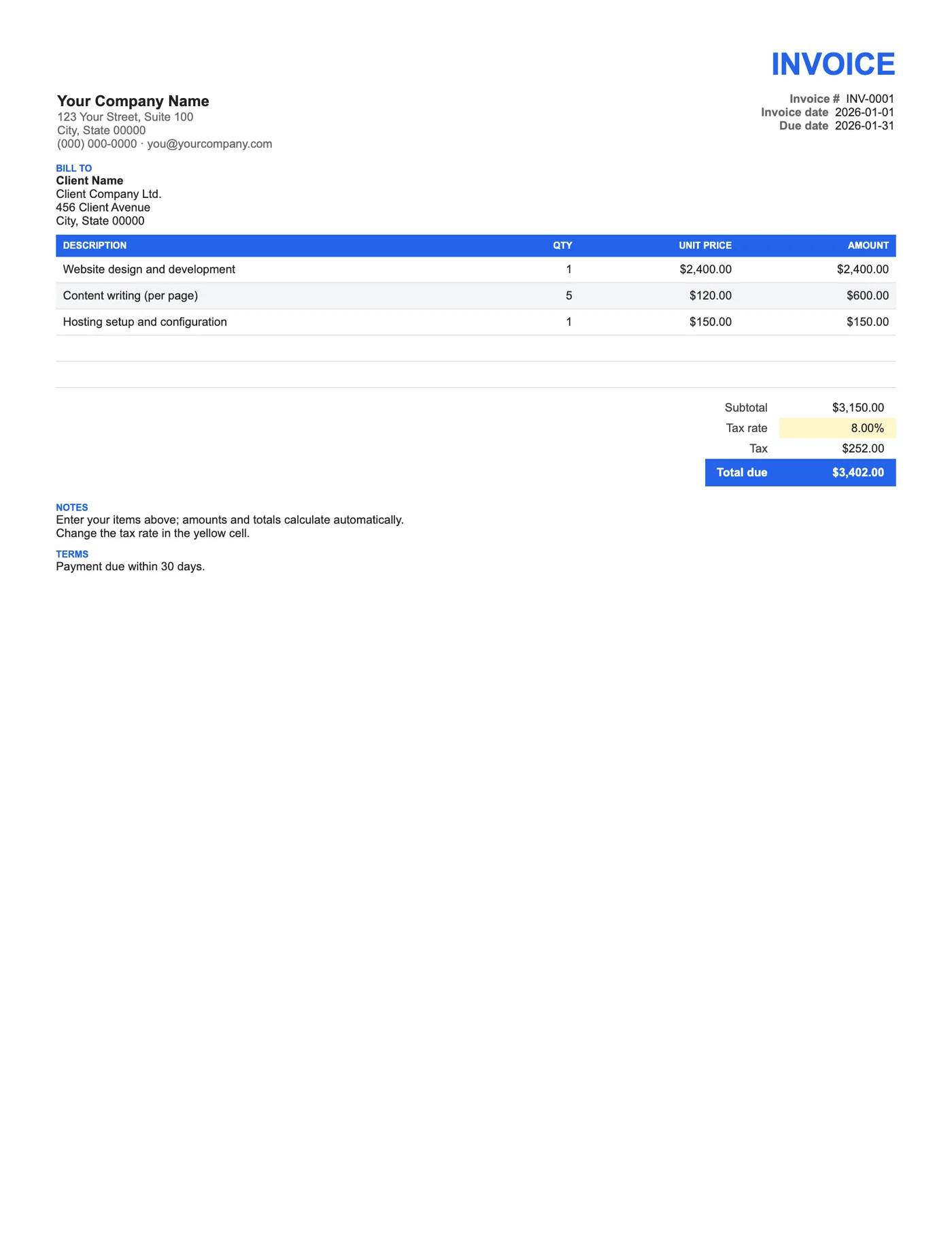 Full-page preview of the Basic Invoice Template