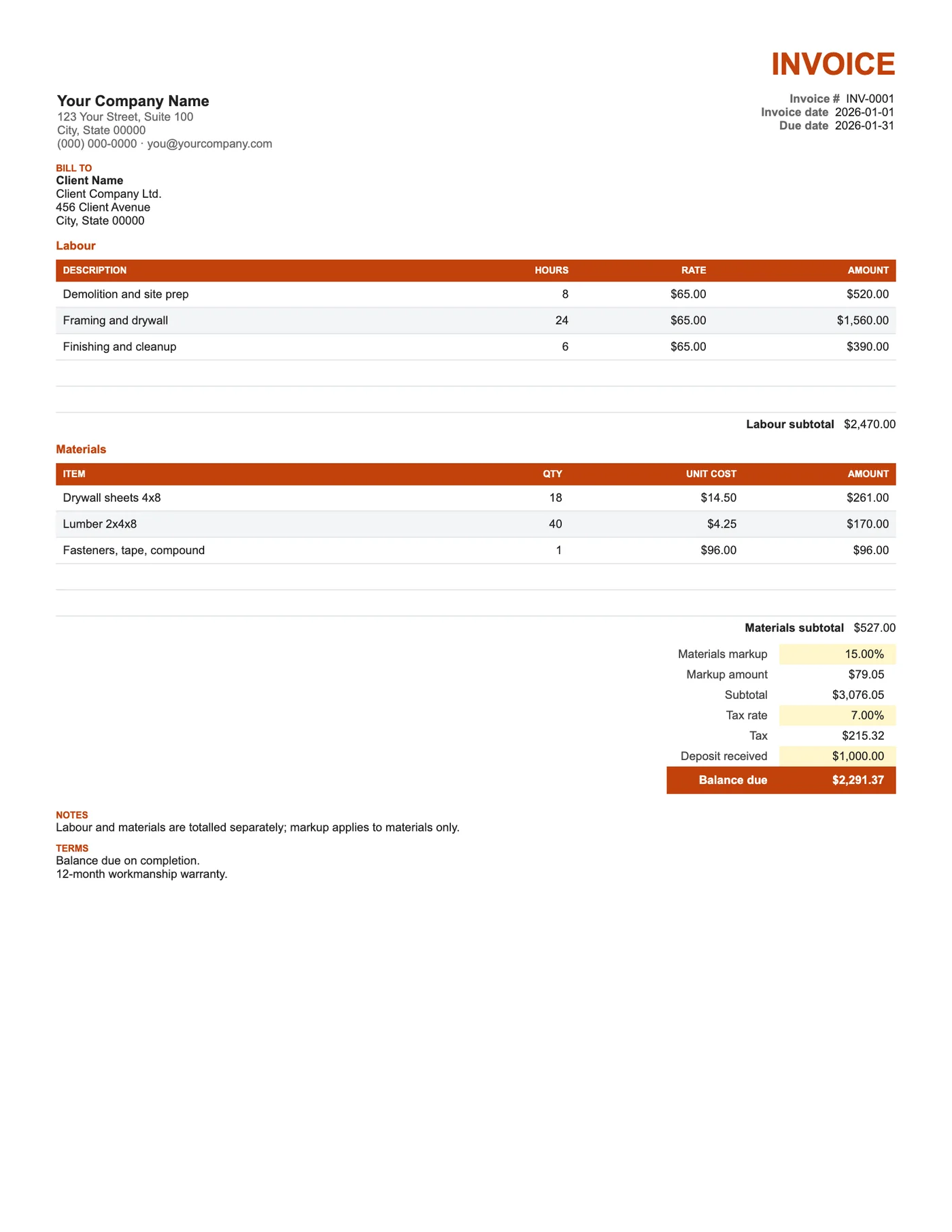 Full-page preview of the Contractor Invoice (Labour and Materials)