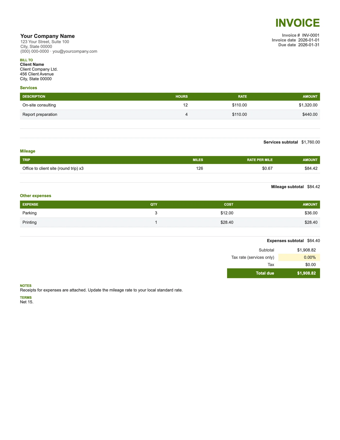 Full-page preview of the Mileage and Expenses Invoice