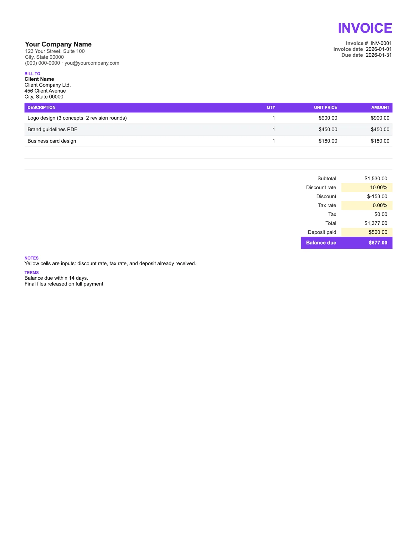 Full-page preview of the Freelance Invoice with Discount and Deposit
