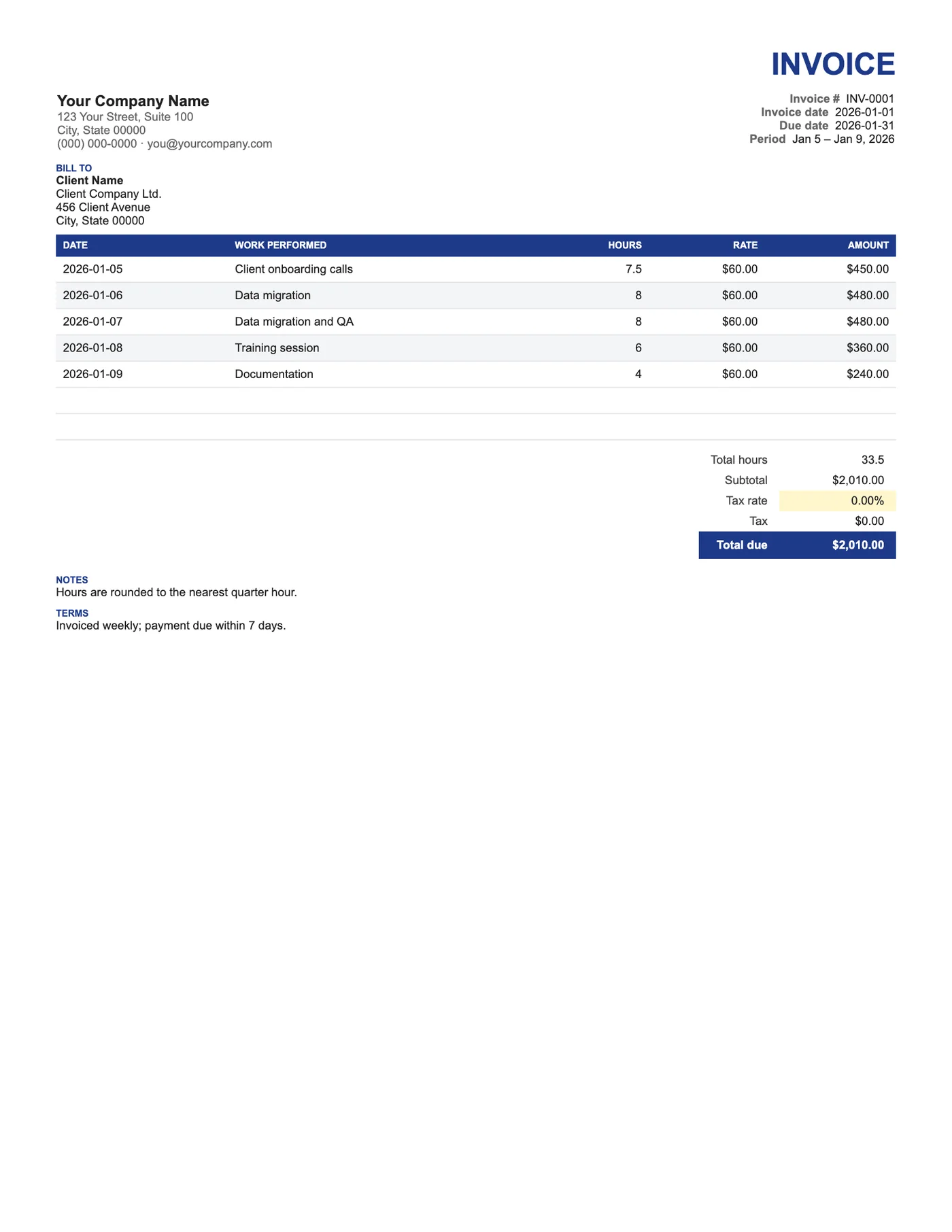 Full-page preview of the Hourly Invoice Template