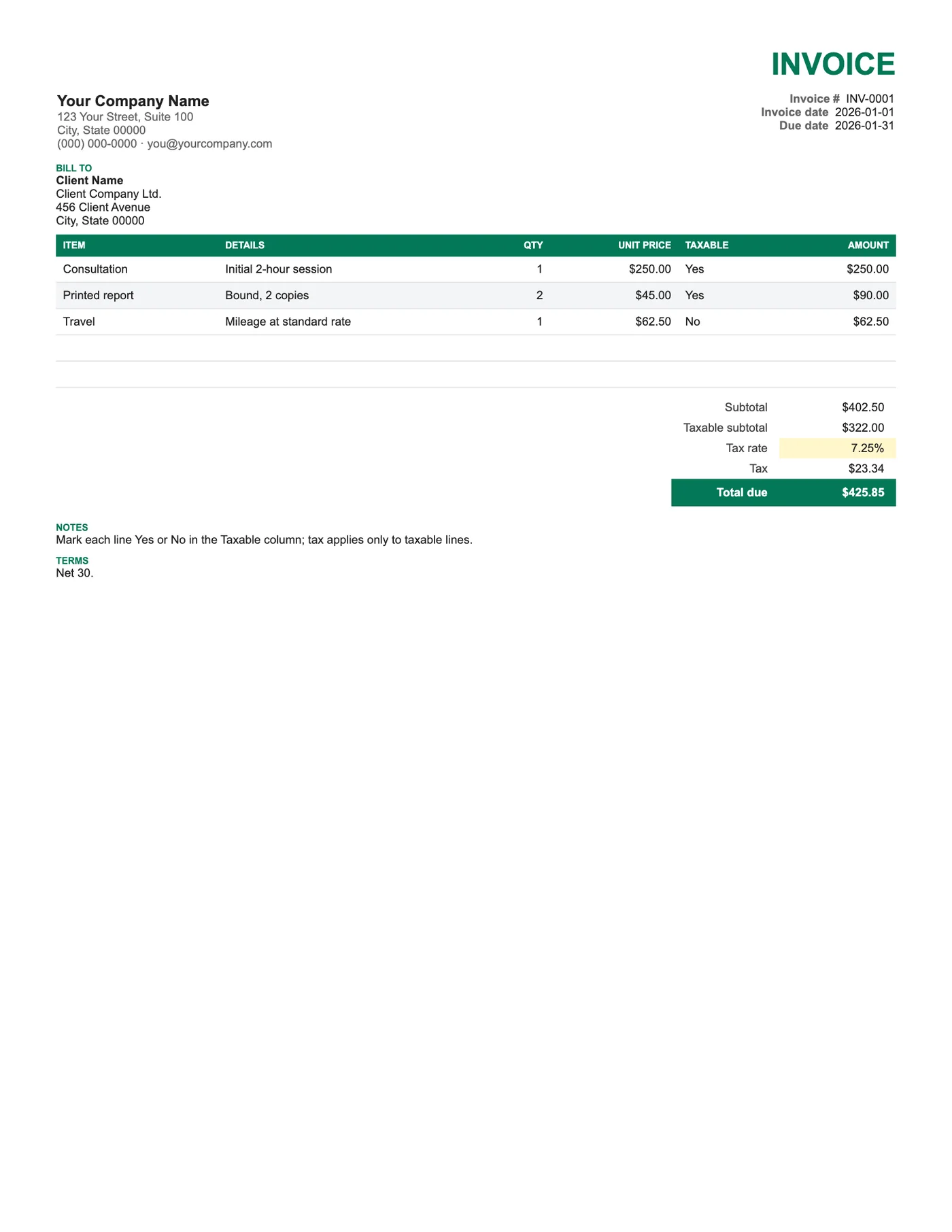 Full-page preview of the Itemized Invoice with Tax