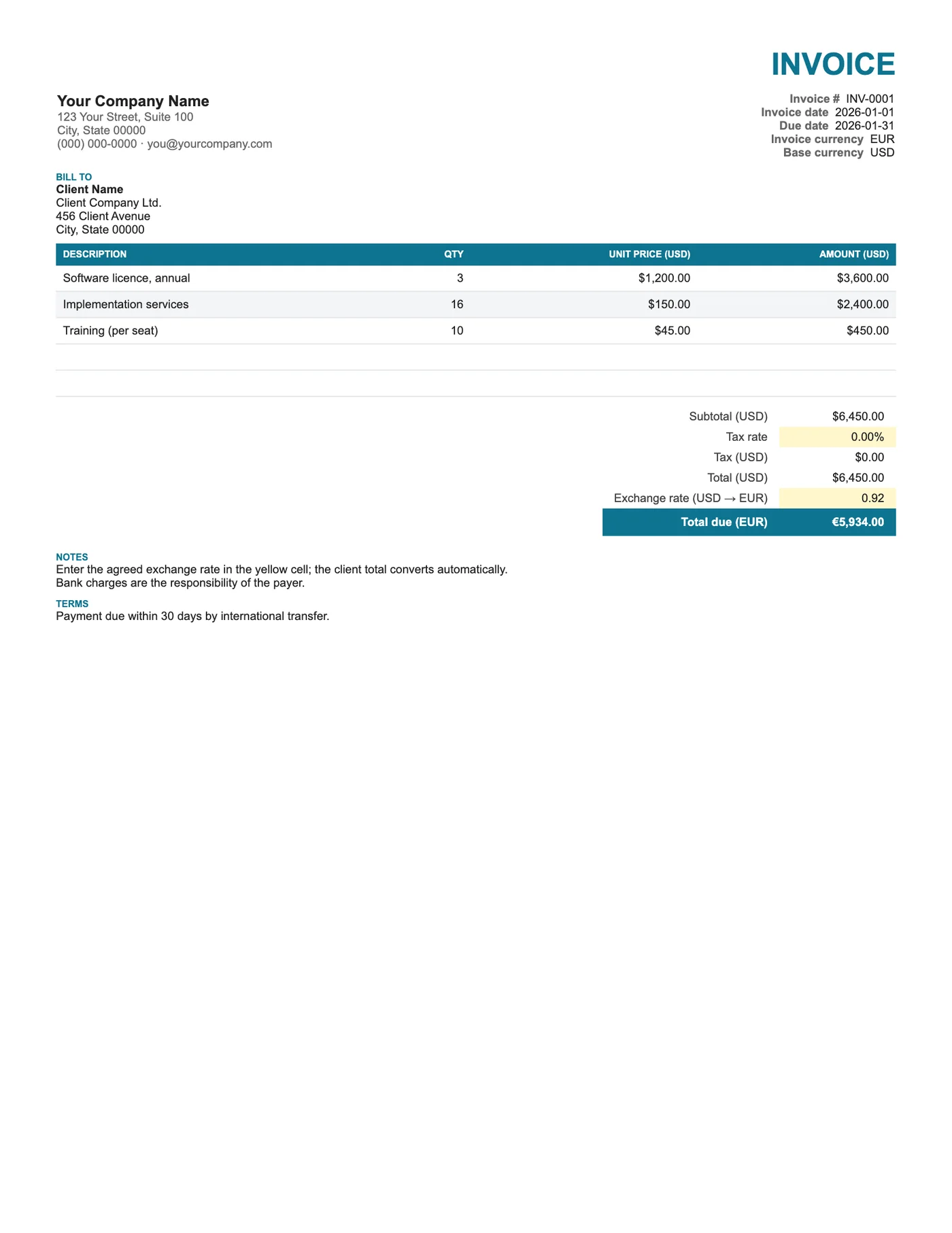 Full-page preview of the Multi-Currency Invoice
