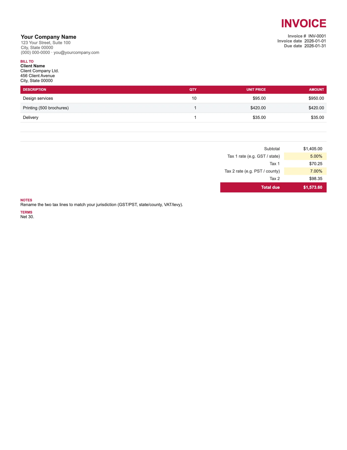 Full-page preview of the Multi-Tax Invoice (Two Rates)