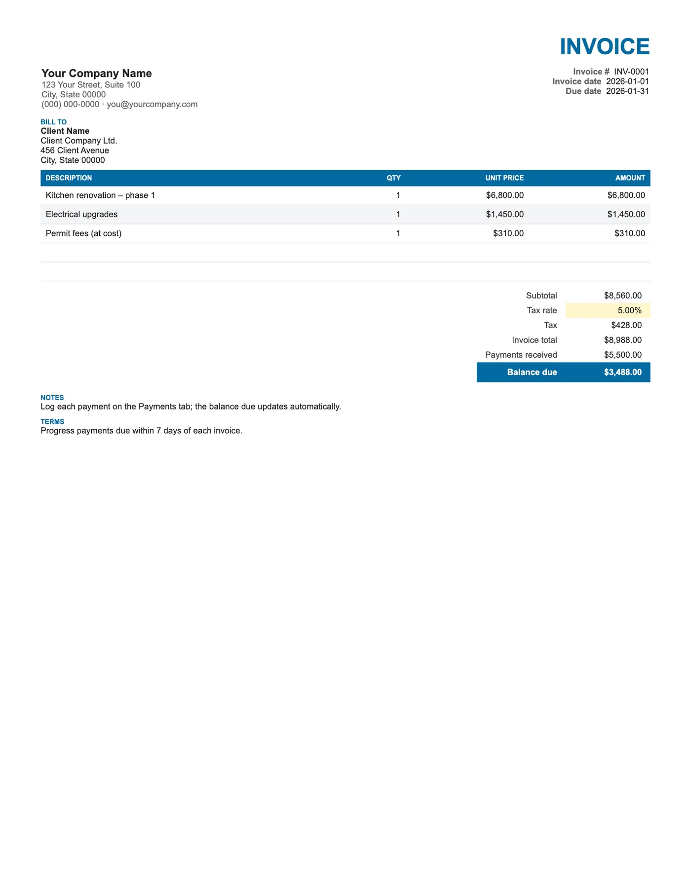 Full-page preview of the Invoice with Payment Tracker