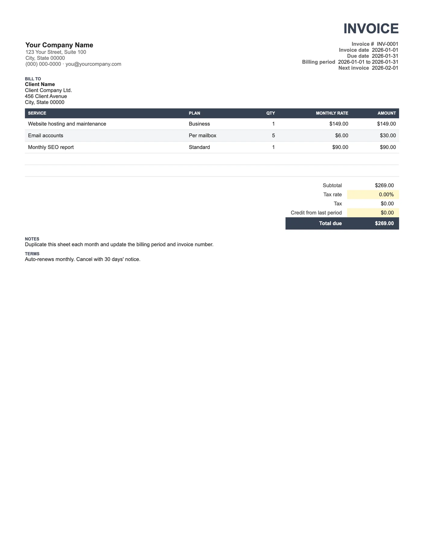 Full-page preview of the Recurring Monthly Invoice