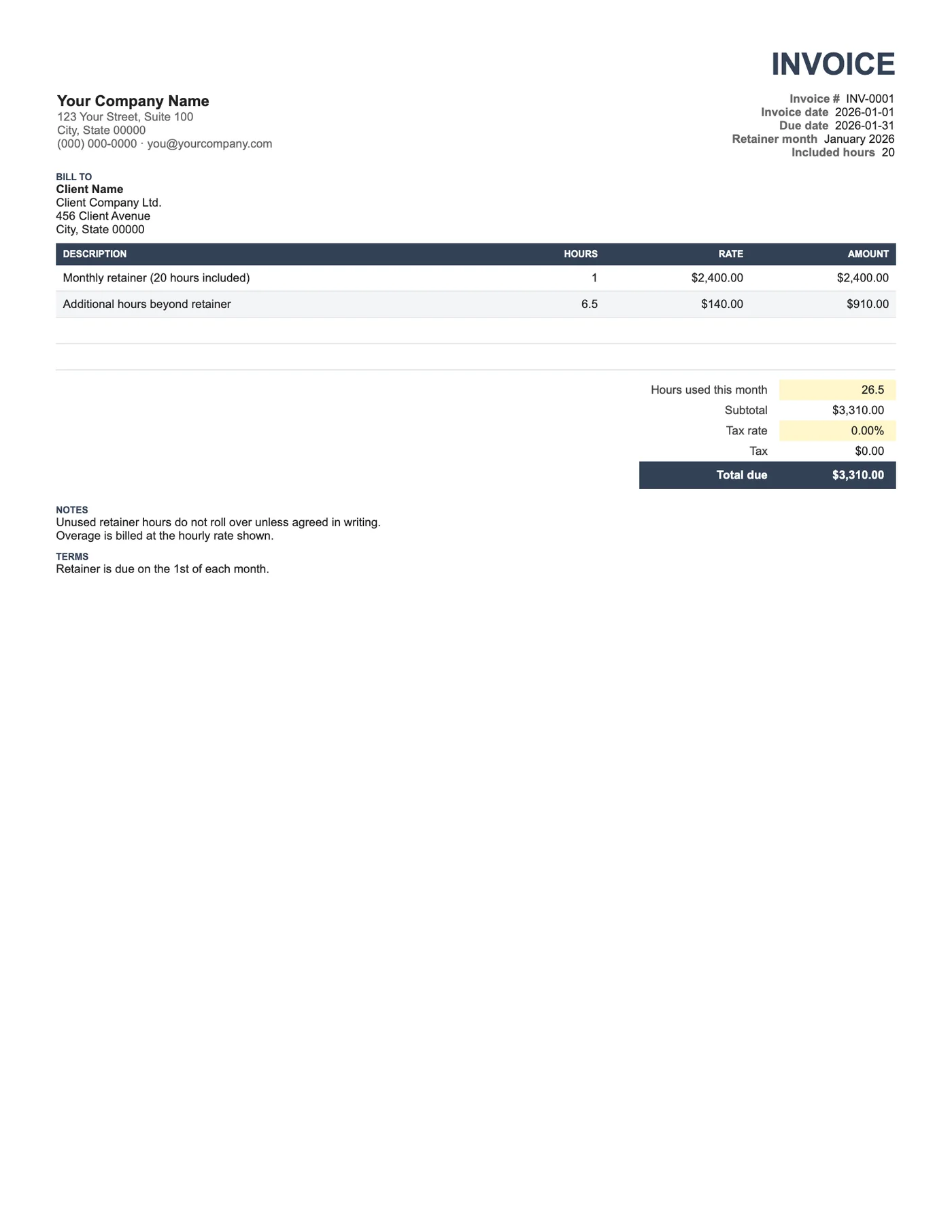 Full-page preview of the Consulting Retainer Invoice