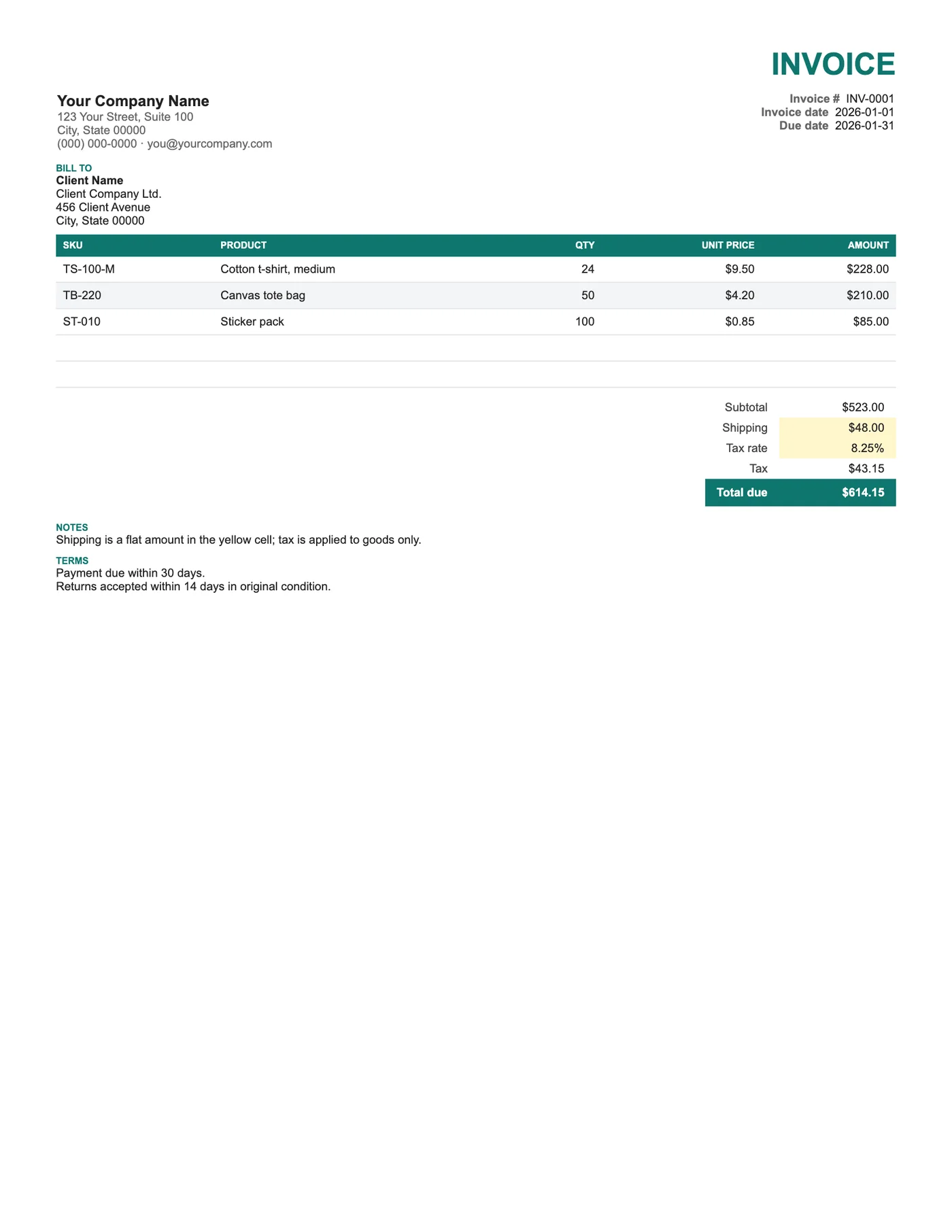 Full-page preview of the Sales Invoice (Products and Shipping)