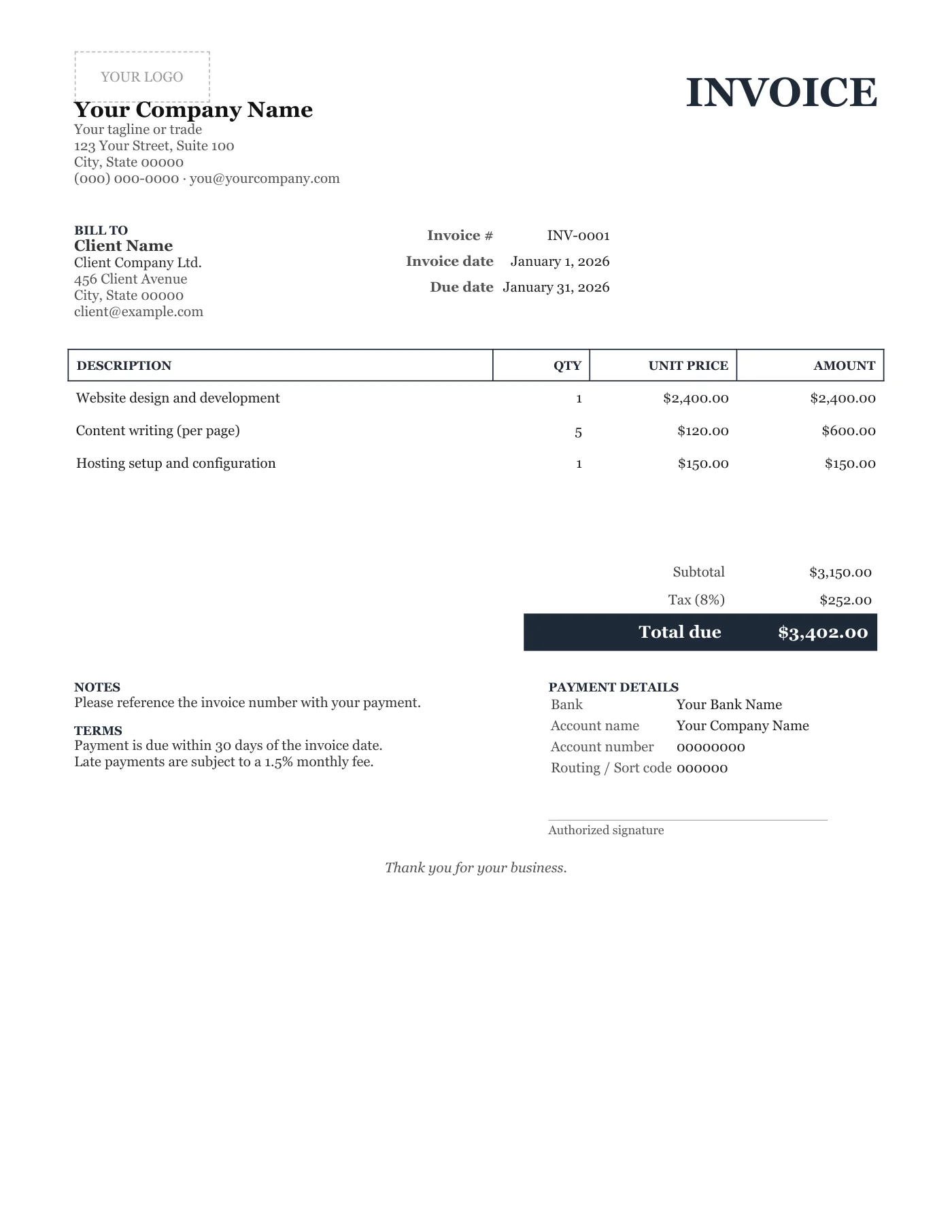 Full-page preview of the Classic PDF Invoice Template