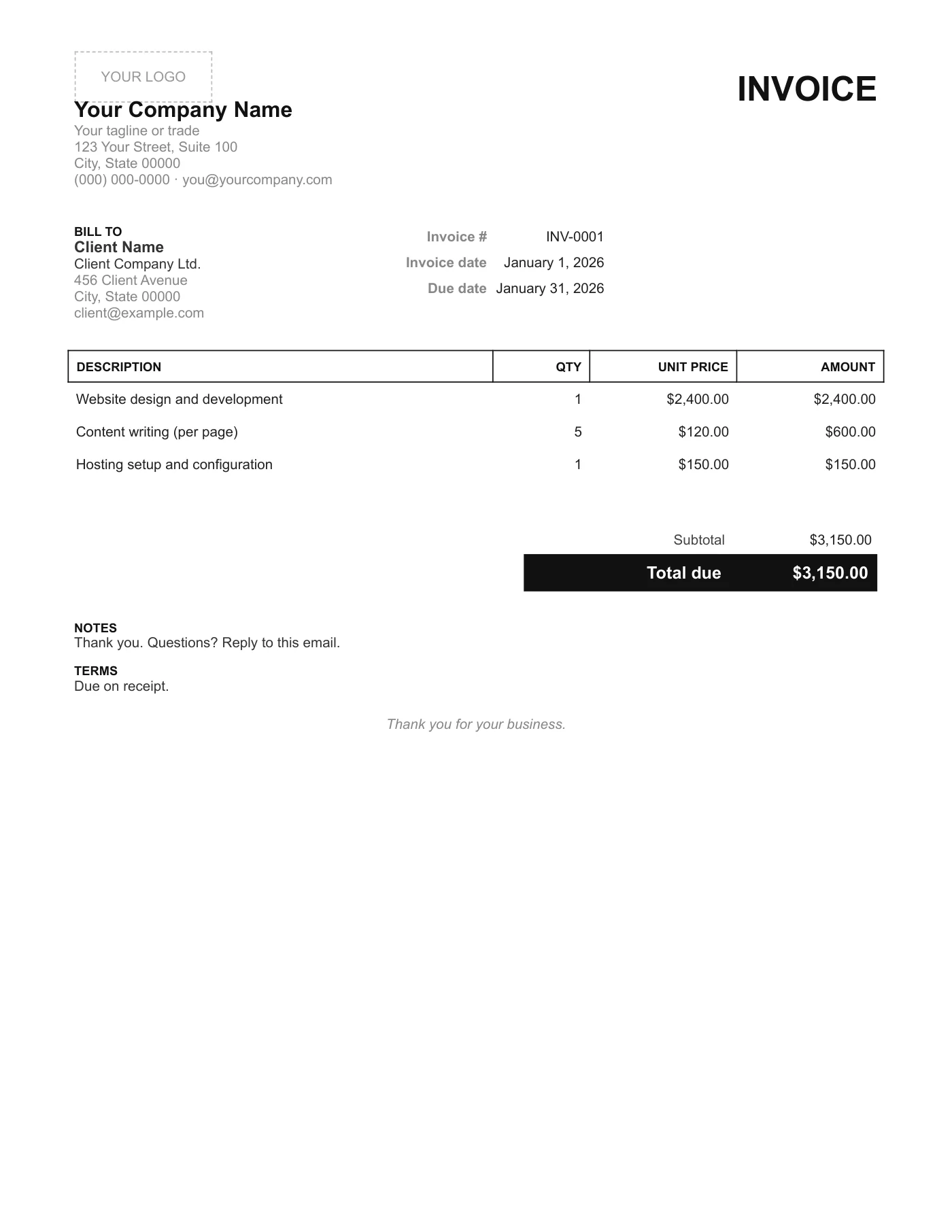 Full-page preview of the Minimal PDF Invoice Template