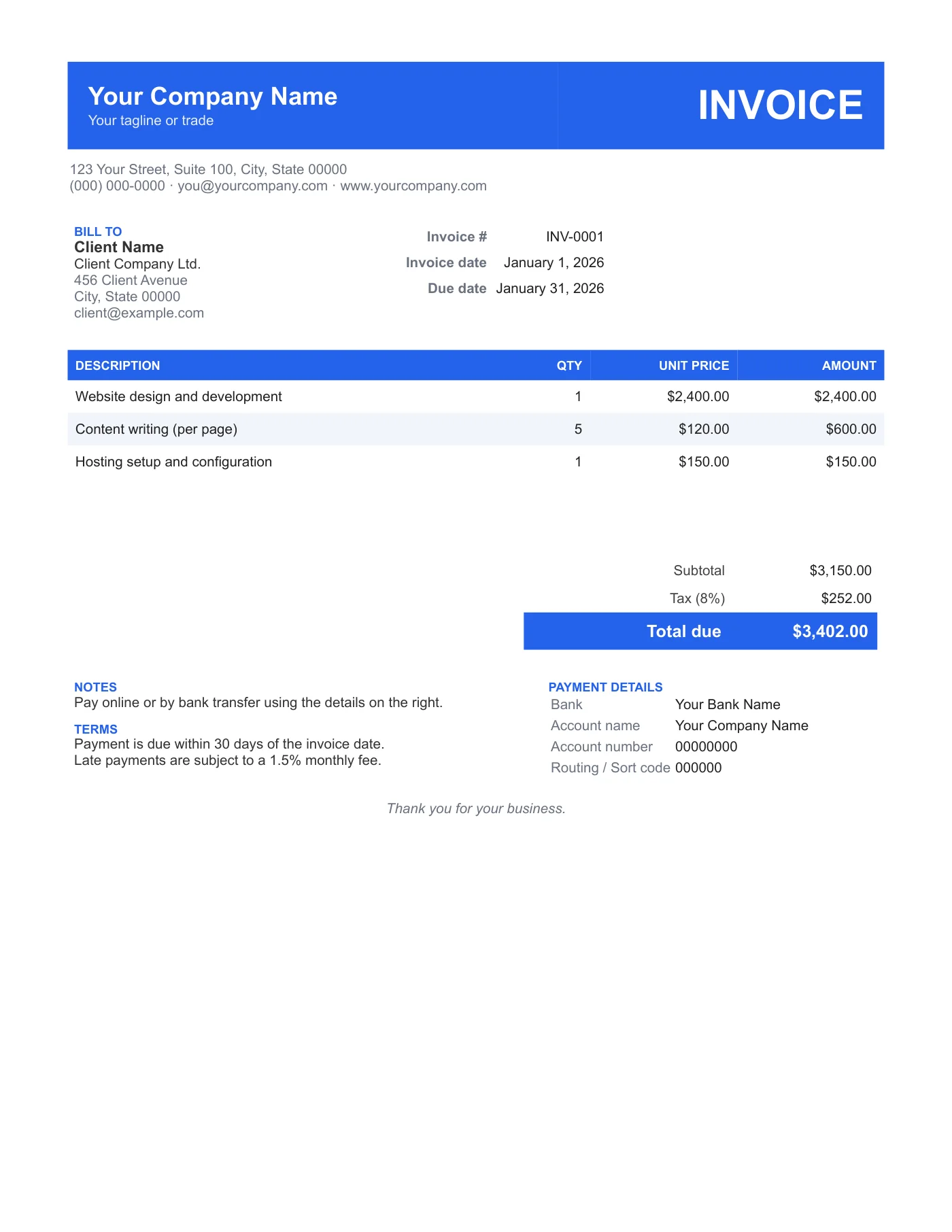 Full-page preview of the Modern PDF Invoice Template