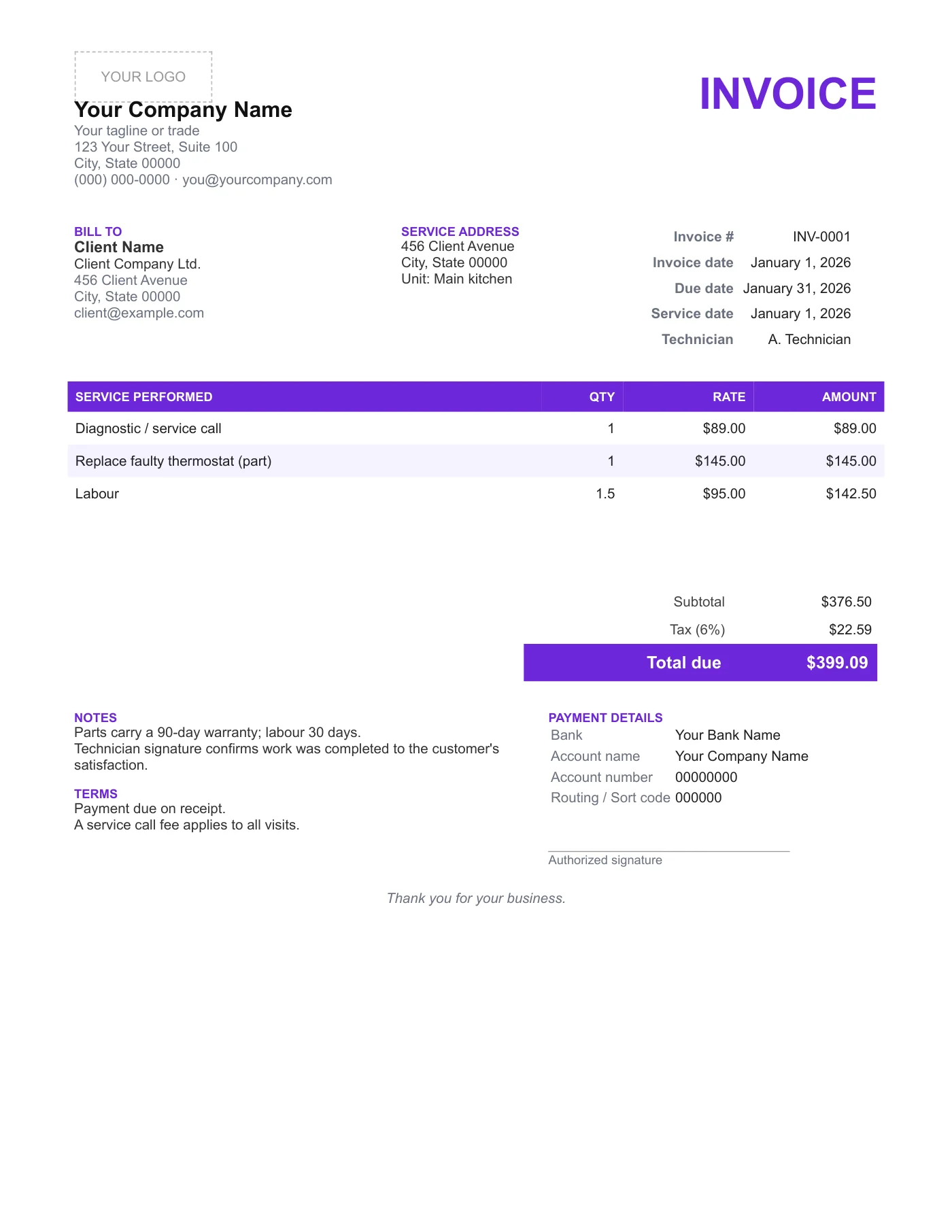 Full-page preview of the Service PDF Invoice Template