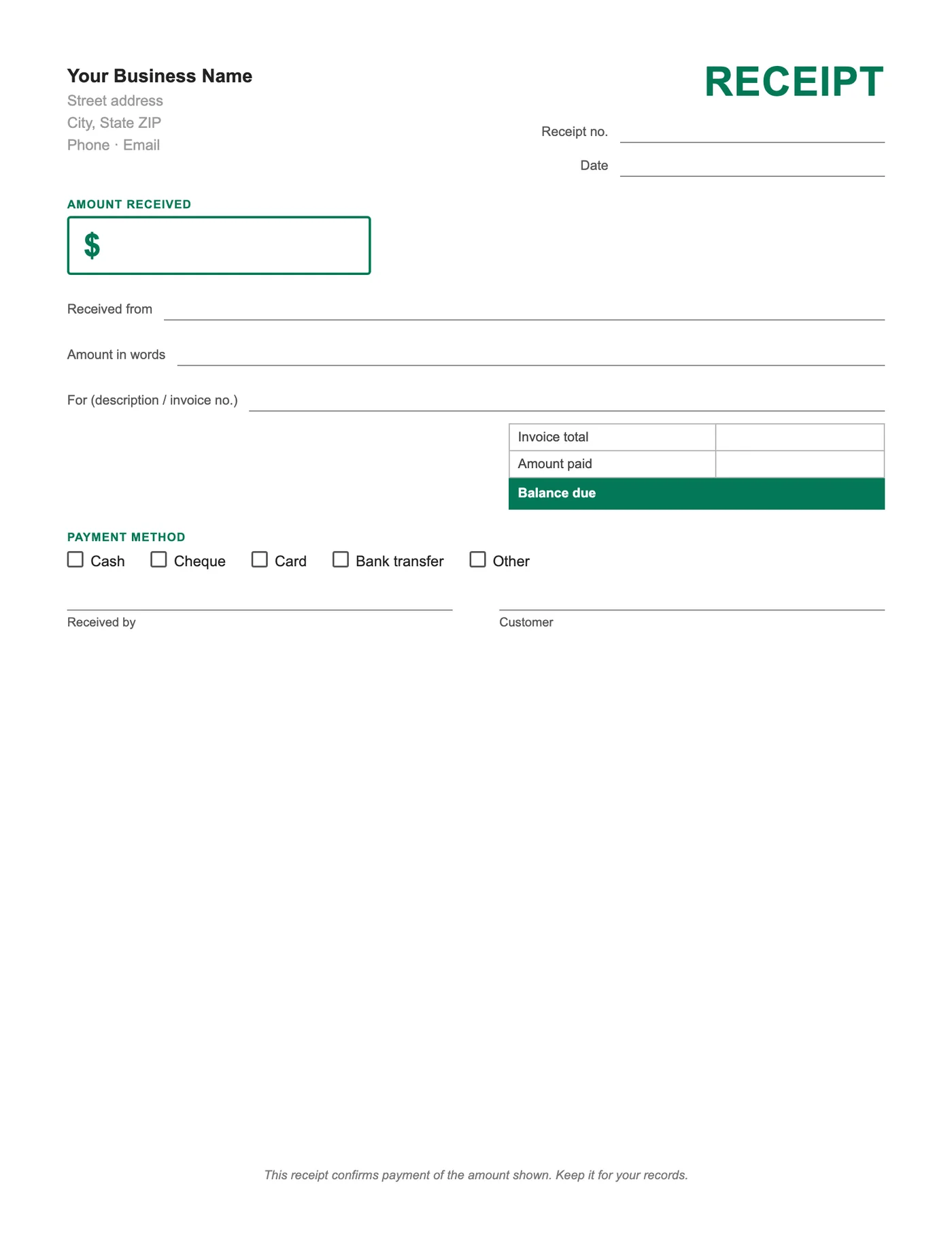 Full-page preview of the Payment Receipt Template for Google Docs