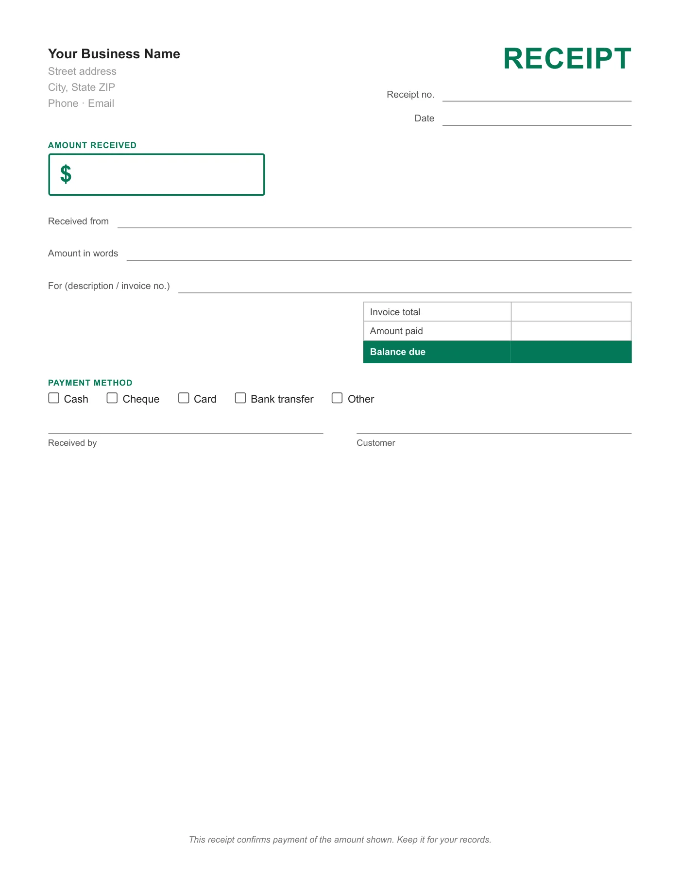 Full-page preview of the Payment Receipt Template