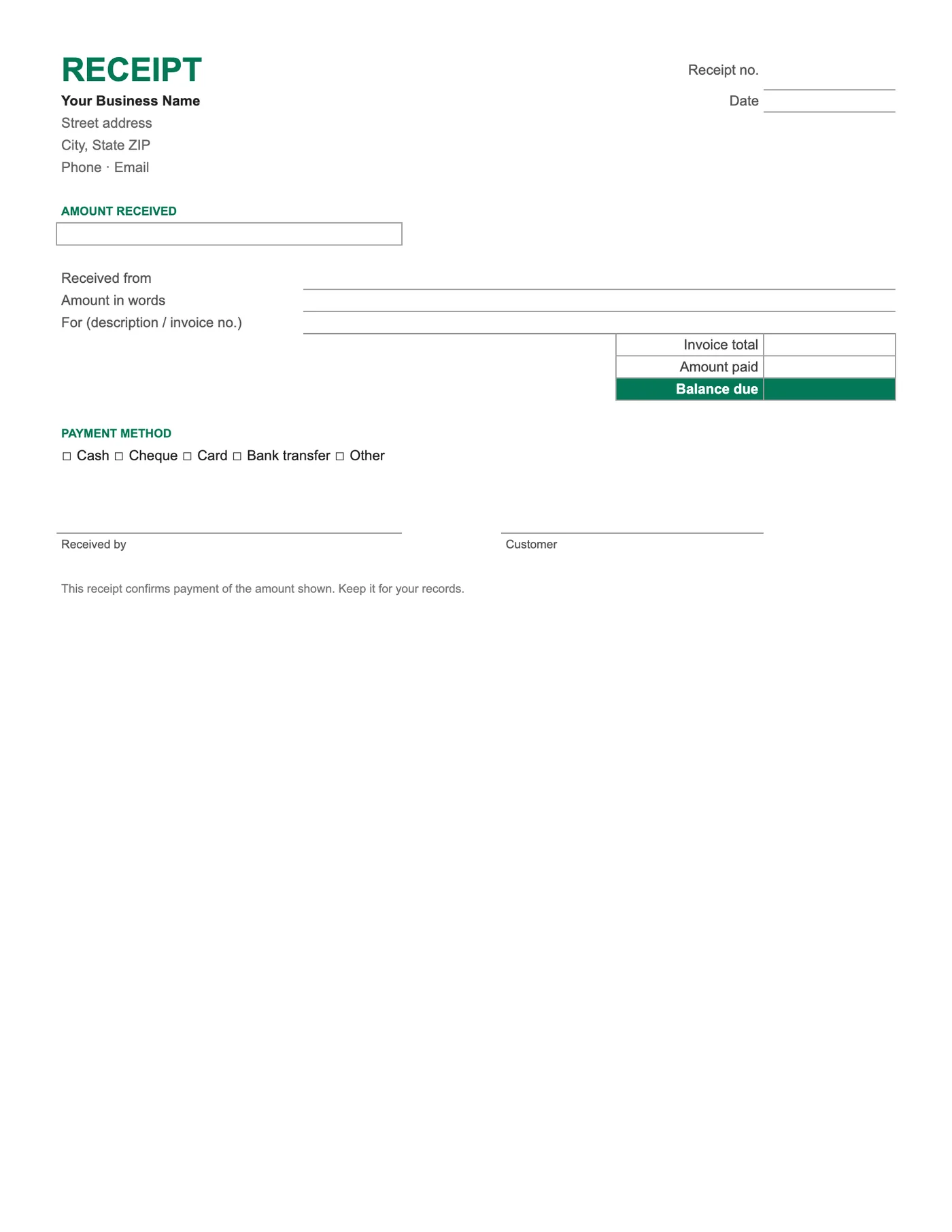 Full-page preview of the Payment Receipt Template for Excel
