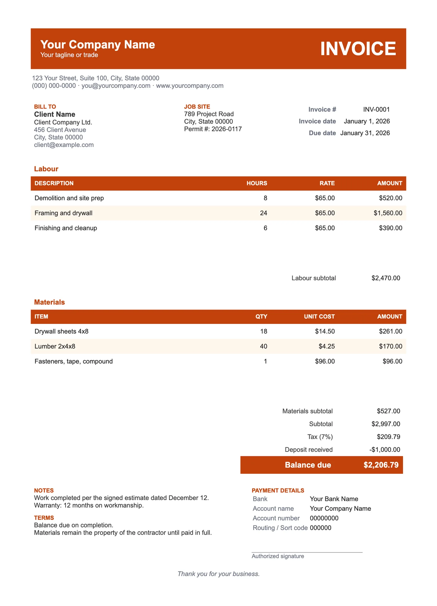 Full-page preview of the Contractor Word Invoice Template