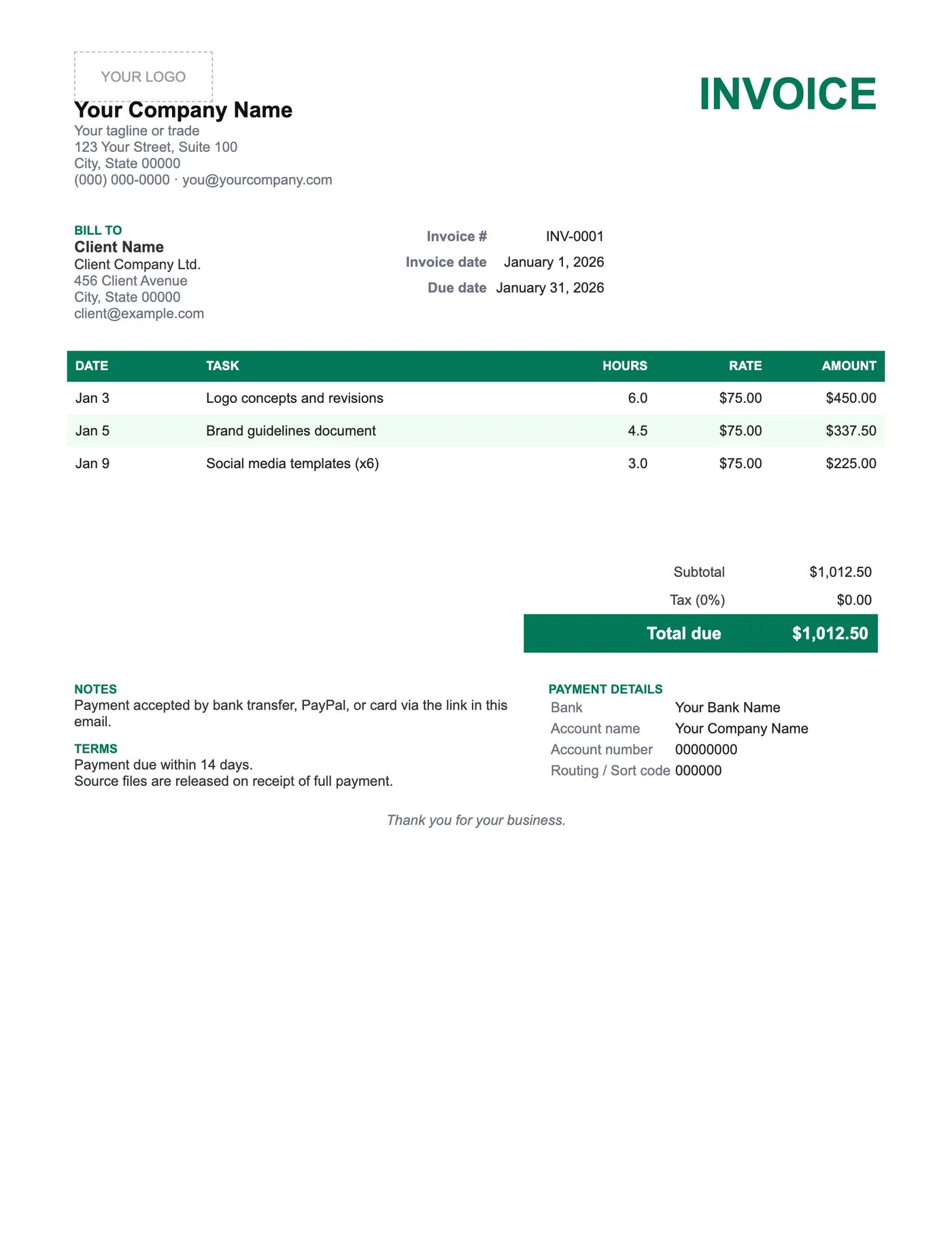 Full-page preview of the Freelancer Word Invoice Template