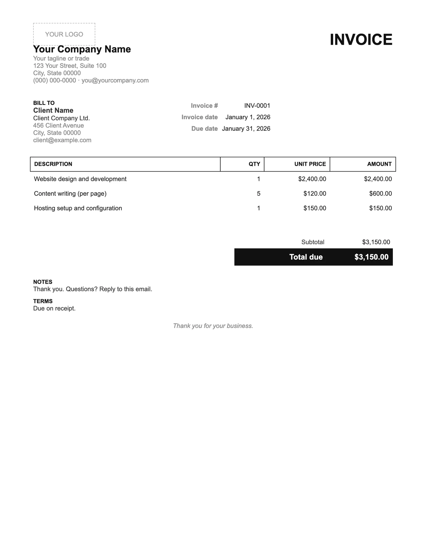 Full-page preview of the Minimal Word Invoice Template
