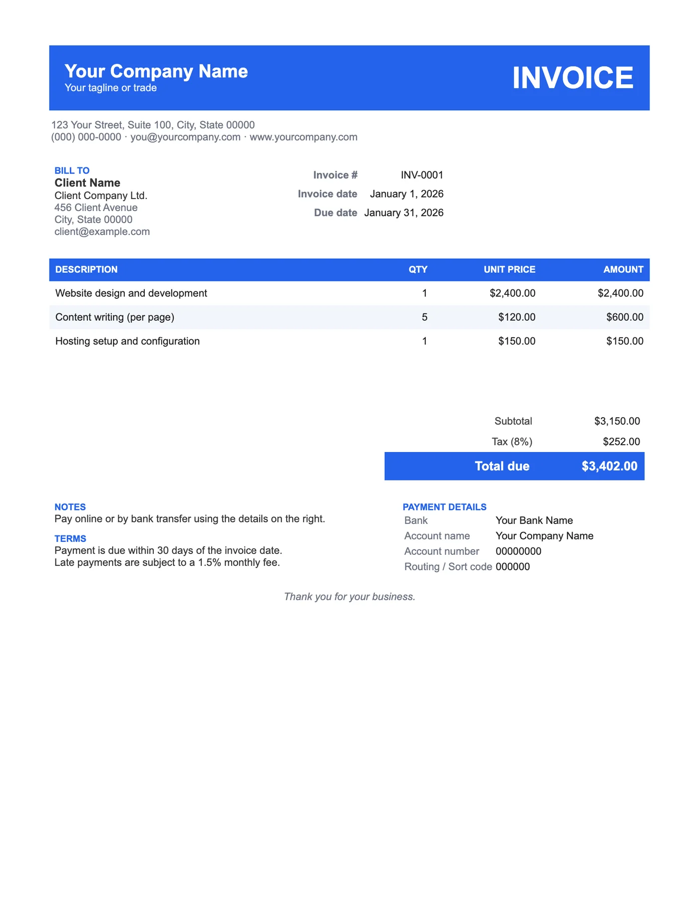 Full-page preview of the Modern Word Invoice Template