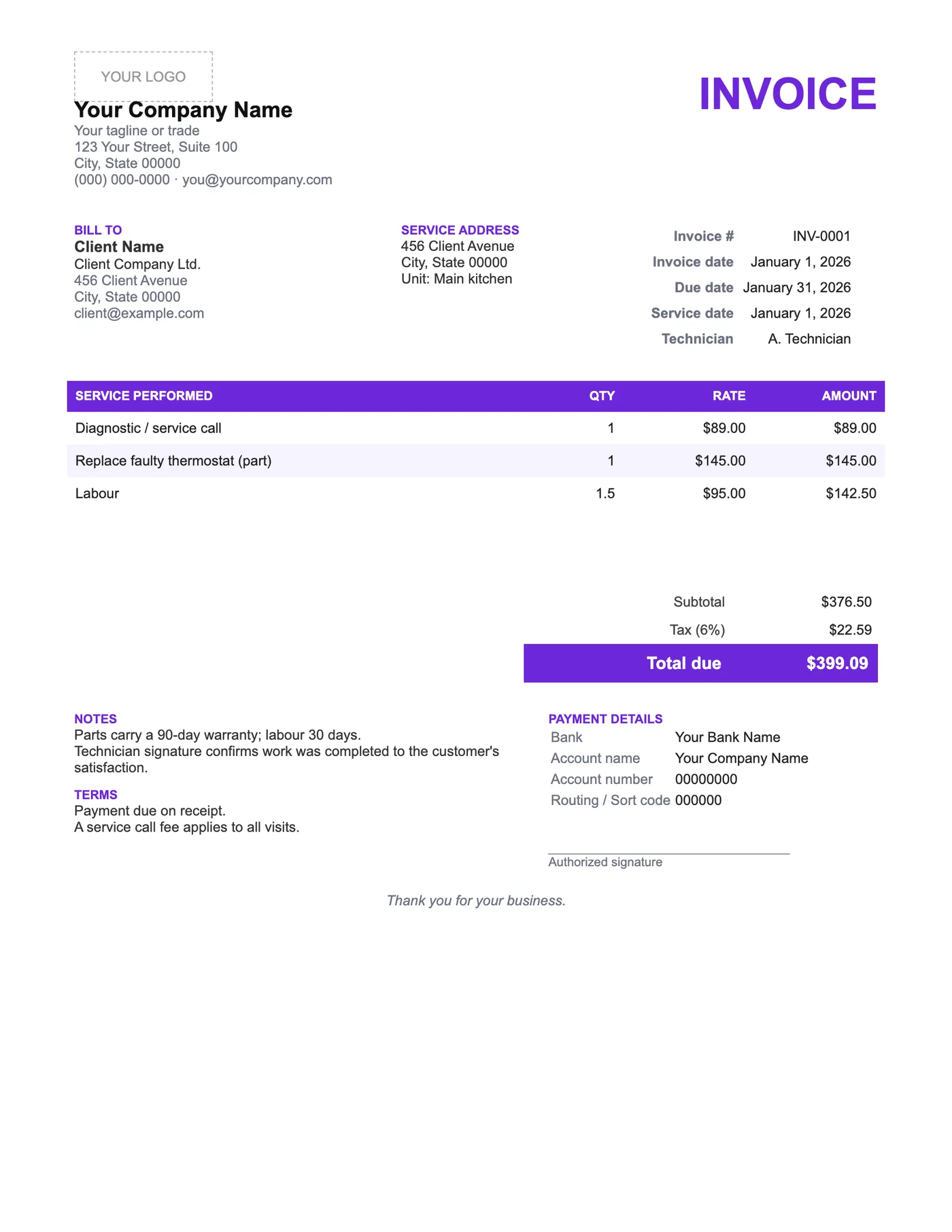 Full-page preview of the Service Word Invoice Template