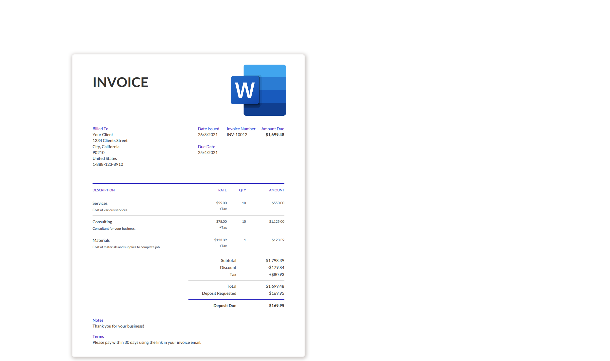 Vista previa de la plantilla de factura gratuita para Microsoft Word