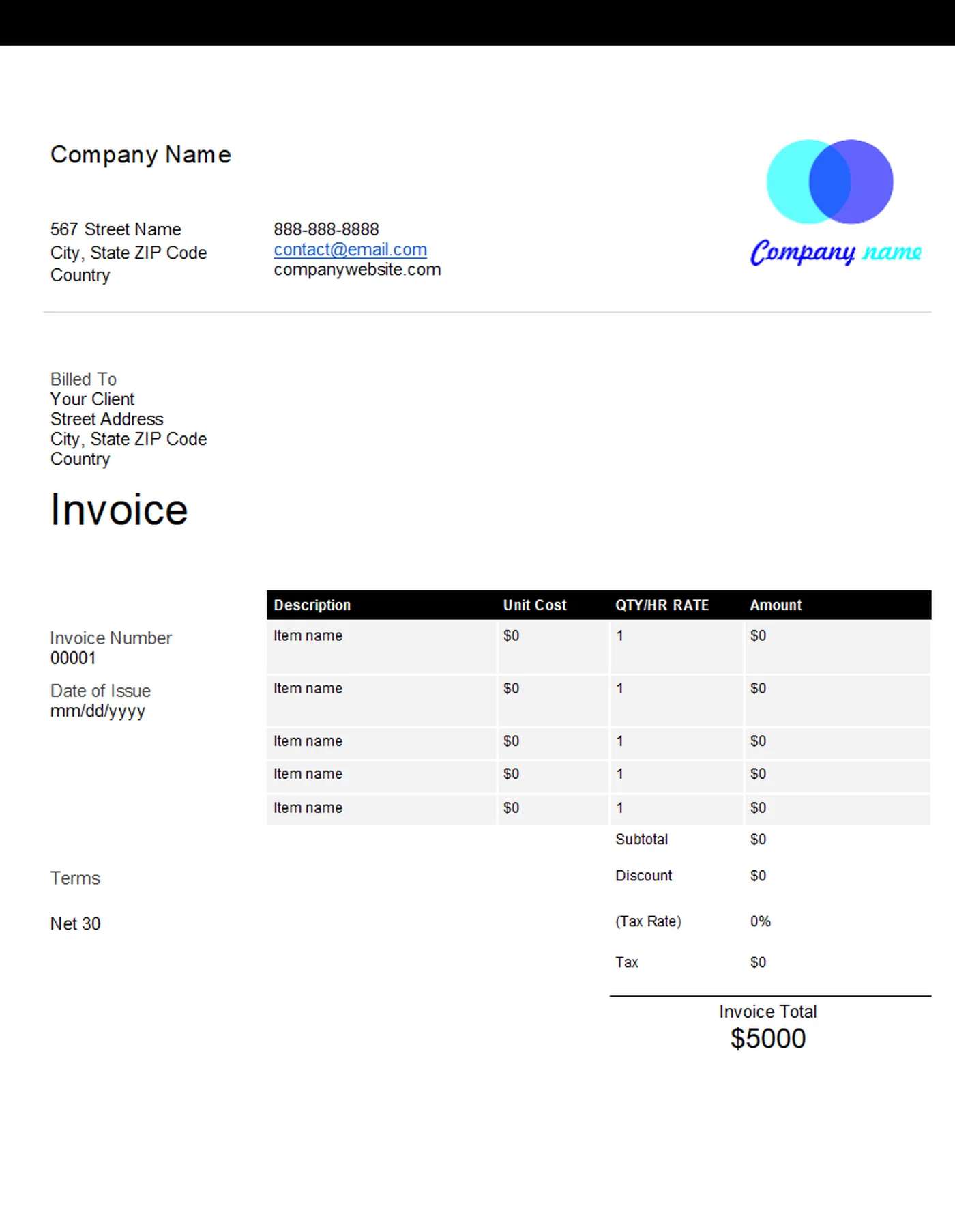 Full-page preview of the Word Invoice Template