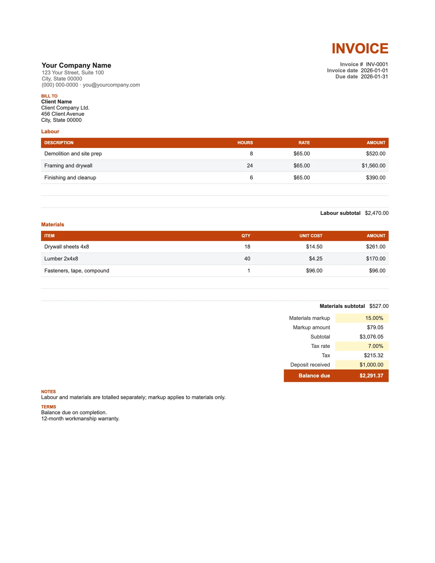 Full-page preview of the Contractor Excel Invoice (Labour and Materials)