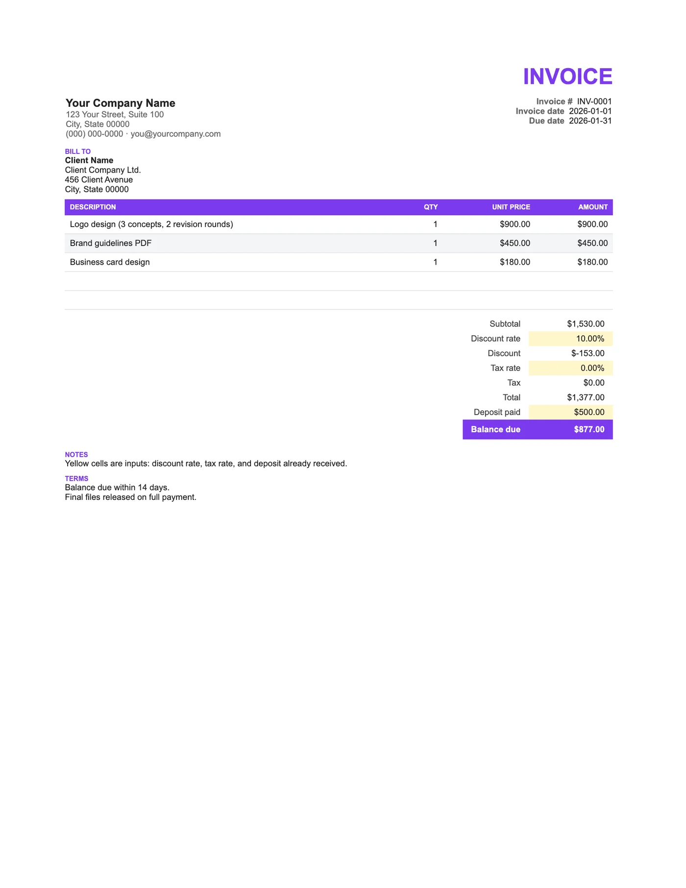 Full-page preview of the Freelance Excel Invoice with Discount and Deposit