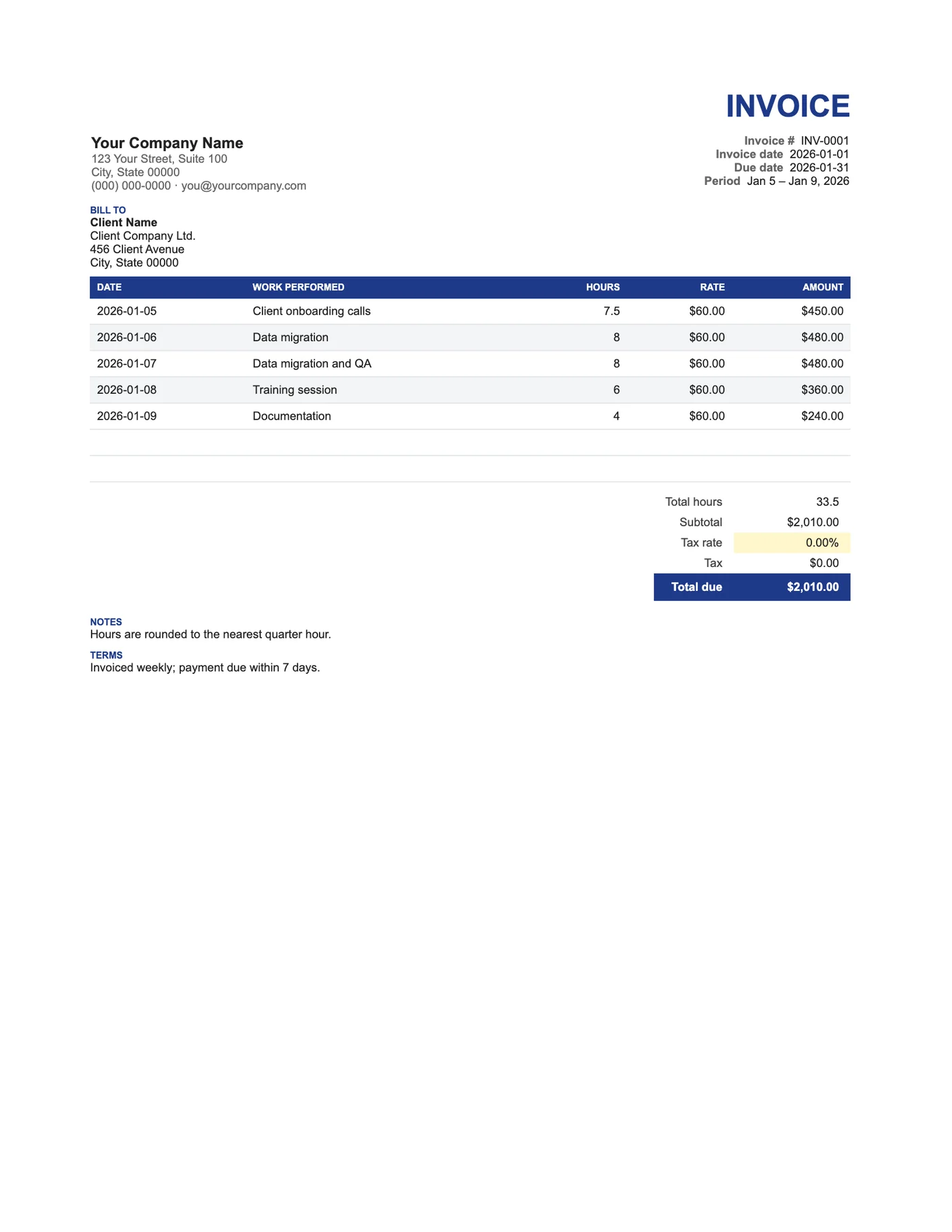Full-page preview of the Hourly Excel Invoice Template