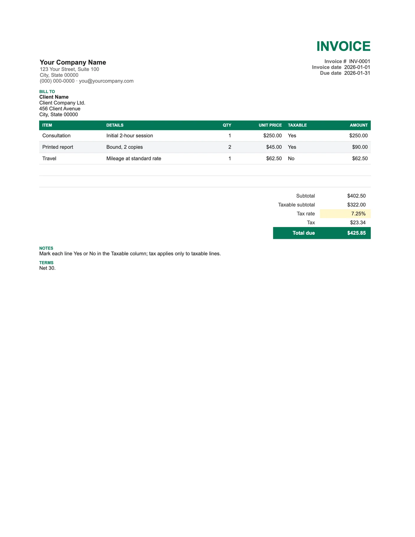 Full-page preview of the Itemized Excel Invoice with Tax